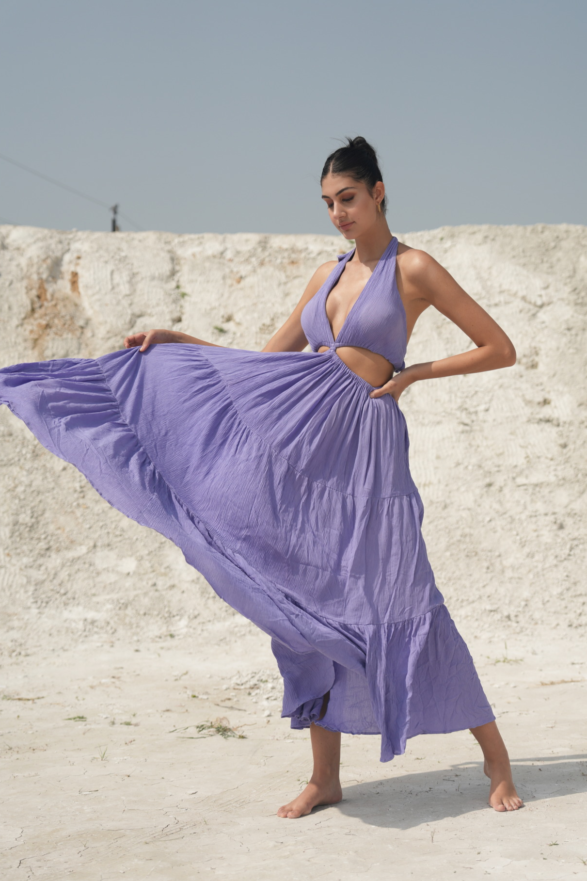 LAVENDER HALTER NECK GATHERED MAXI DRESS