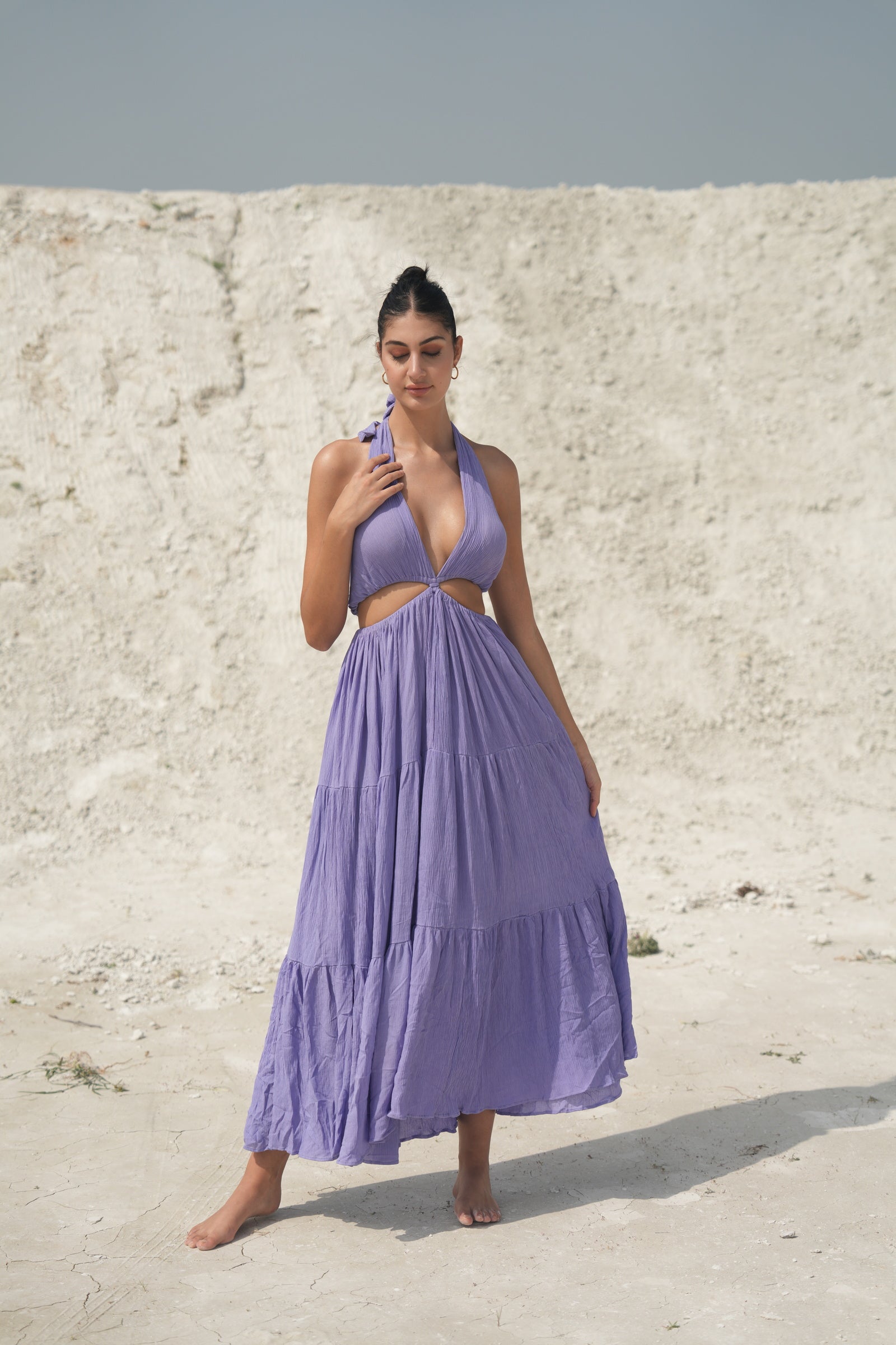 LAVENDER HALTER NECK GATHERED MAXI DRESS