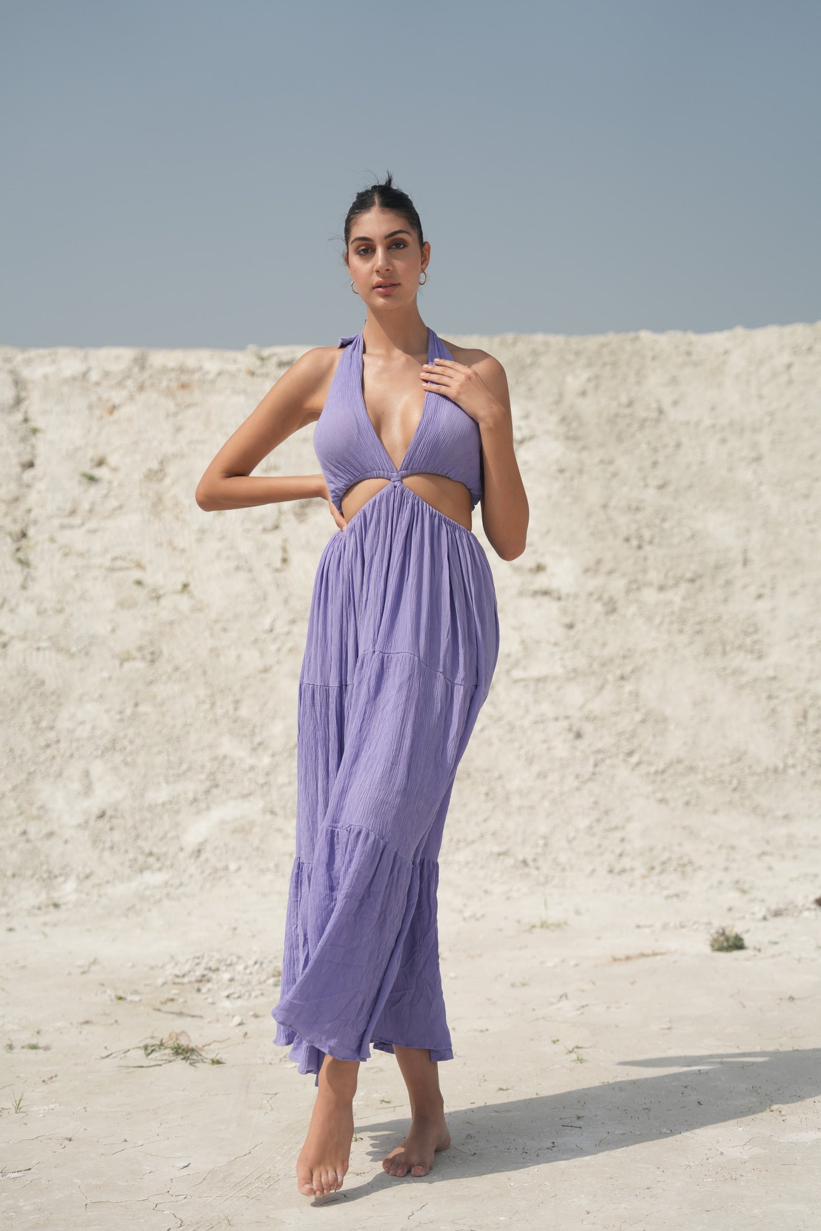 LAVENDER HALTER NECK GATHERED MAXI DRESS