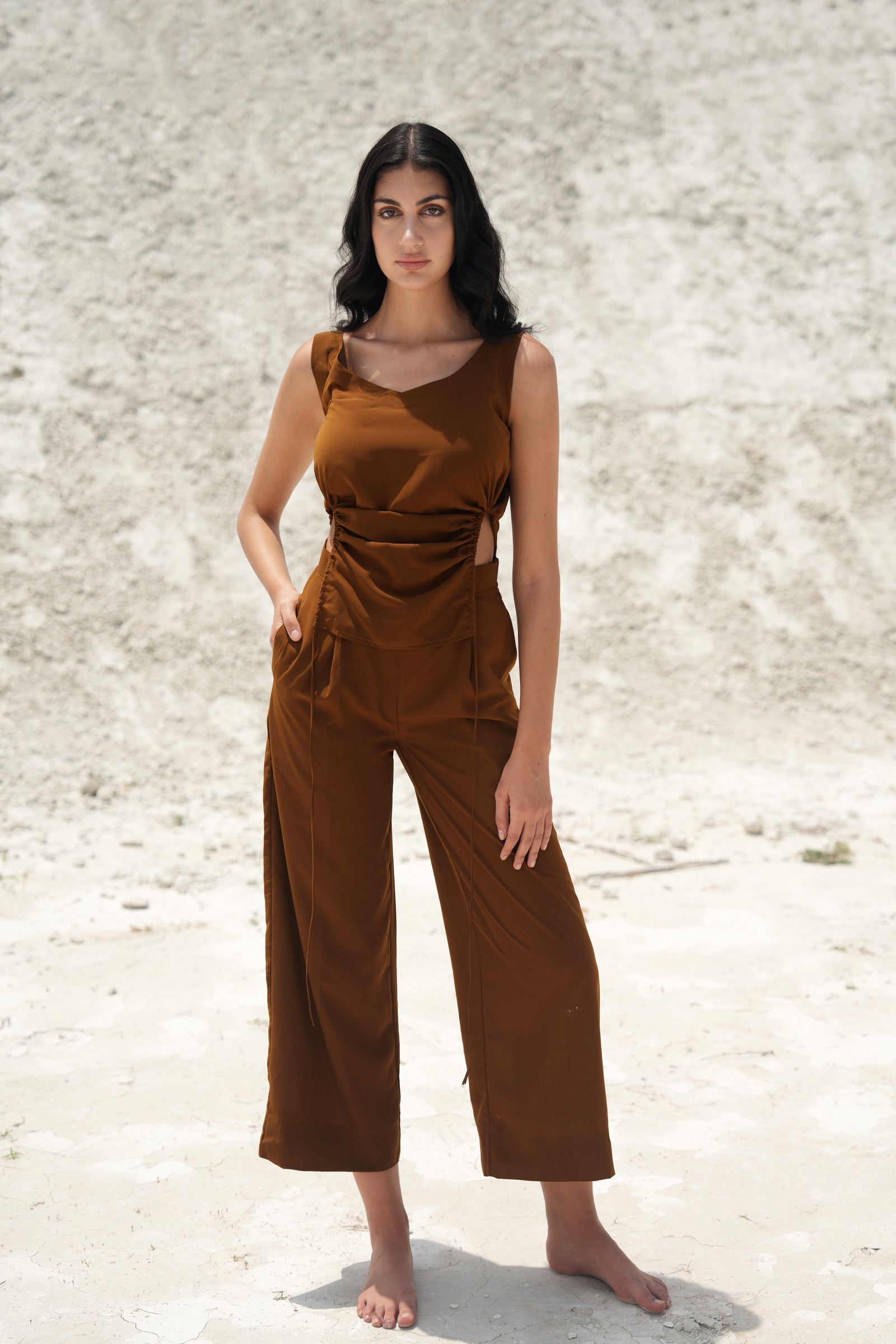 RUST BROWN V-NECK RUCHED TOP AND PANTS