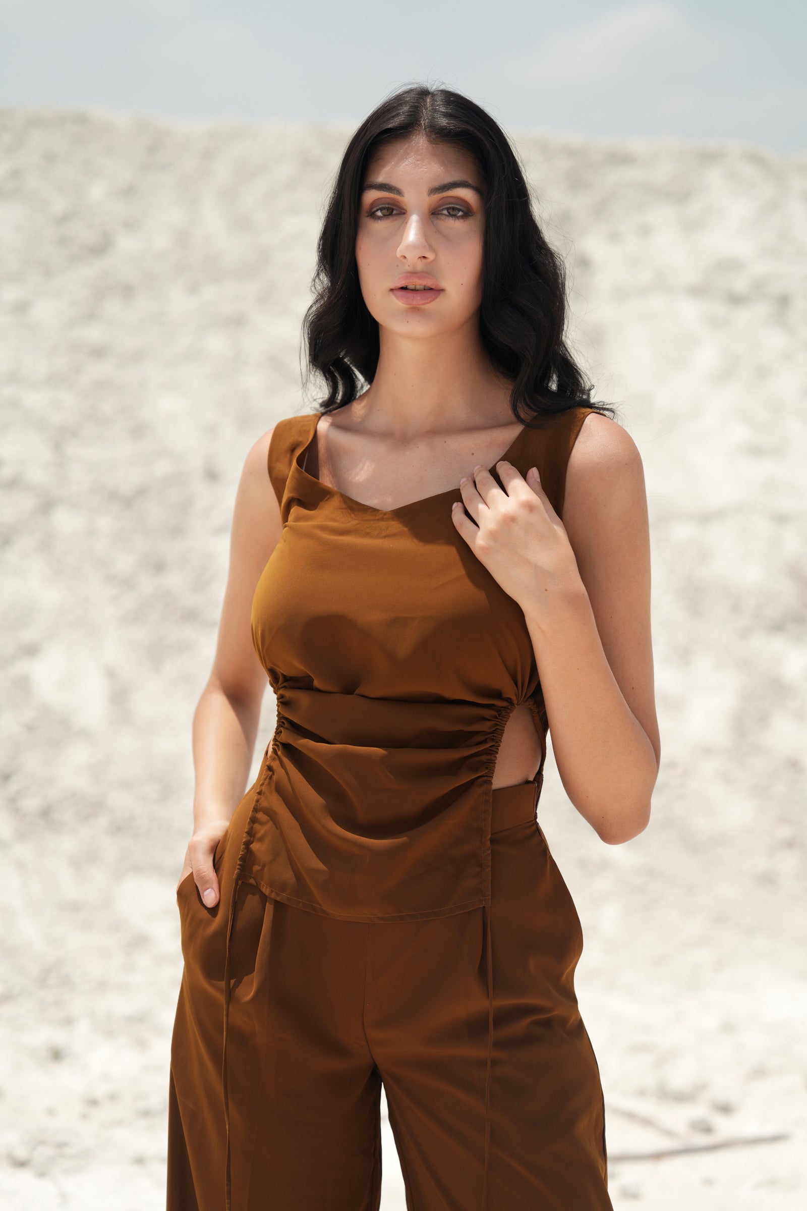RUST BROWN V-NECK RUCHED TOP AND PANTS