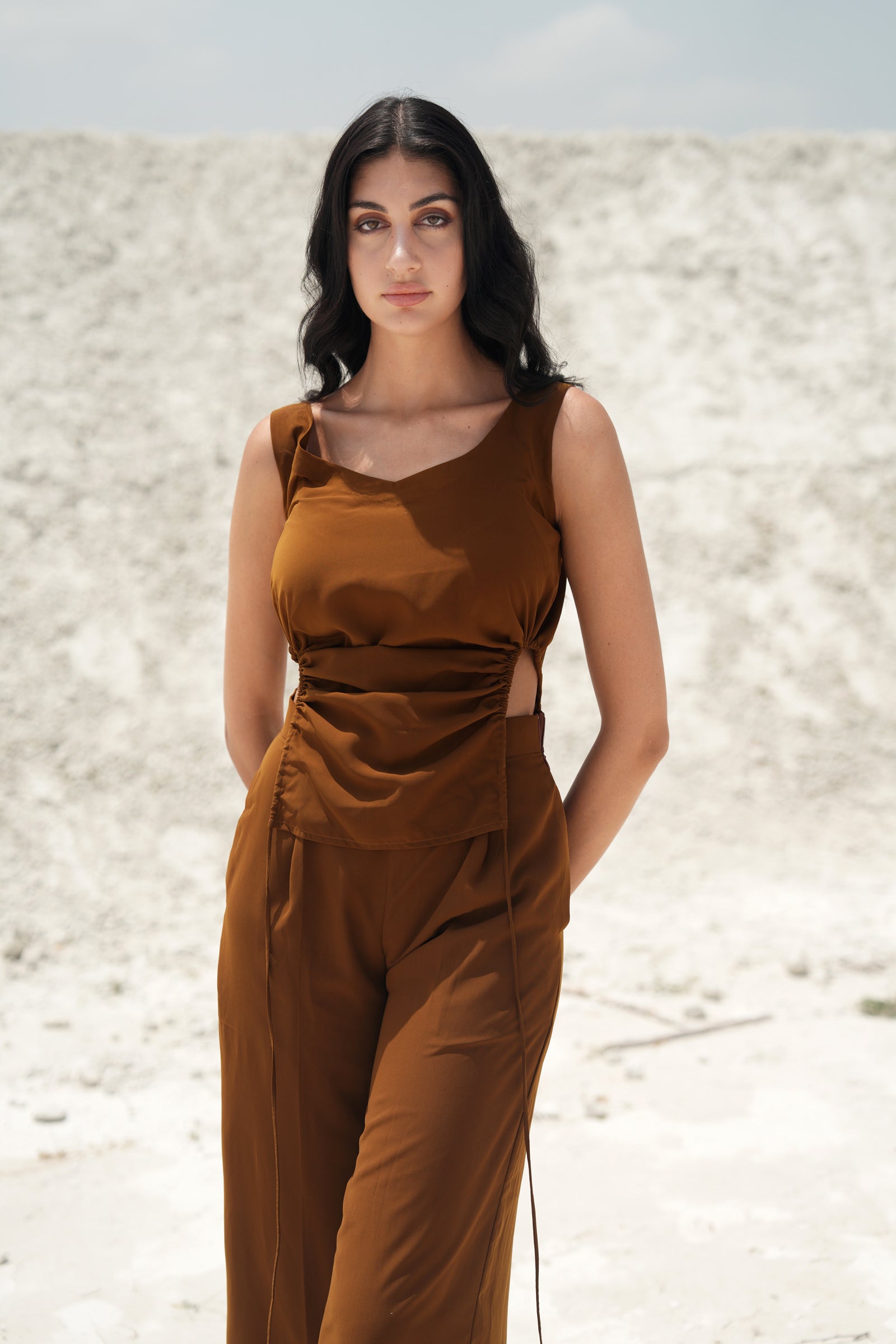RUST BROWN V-NECK RUCHED TOP AND PANTS