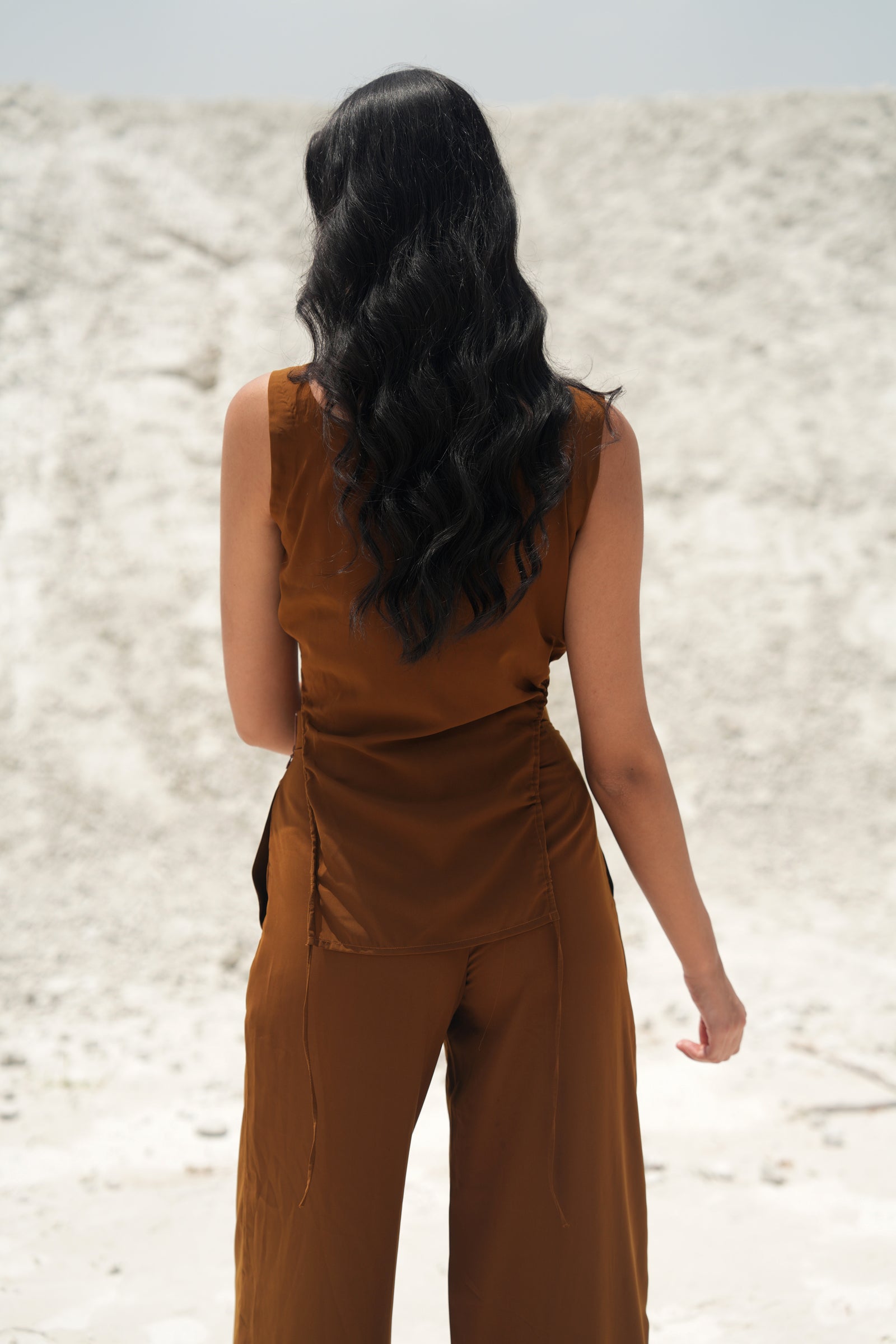 RUST BROWN V-NECK RUCHED TOP AND PANTS