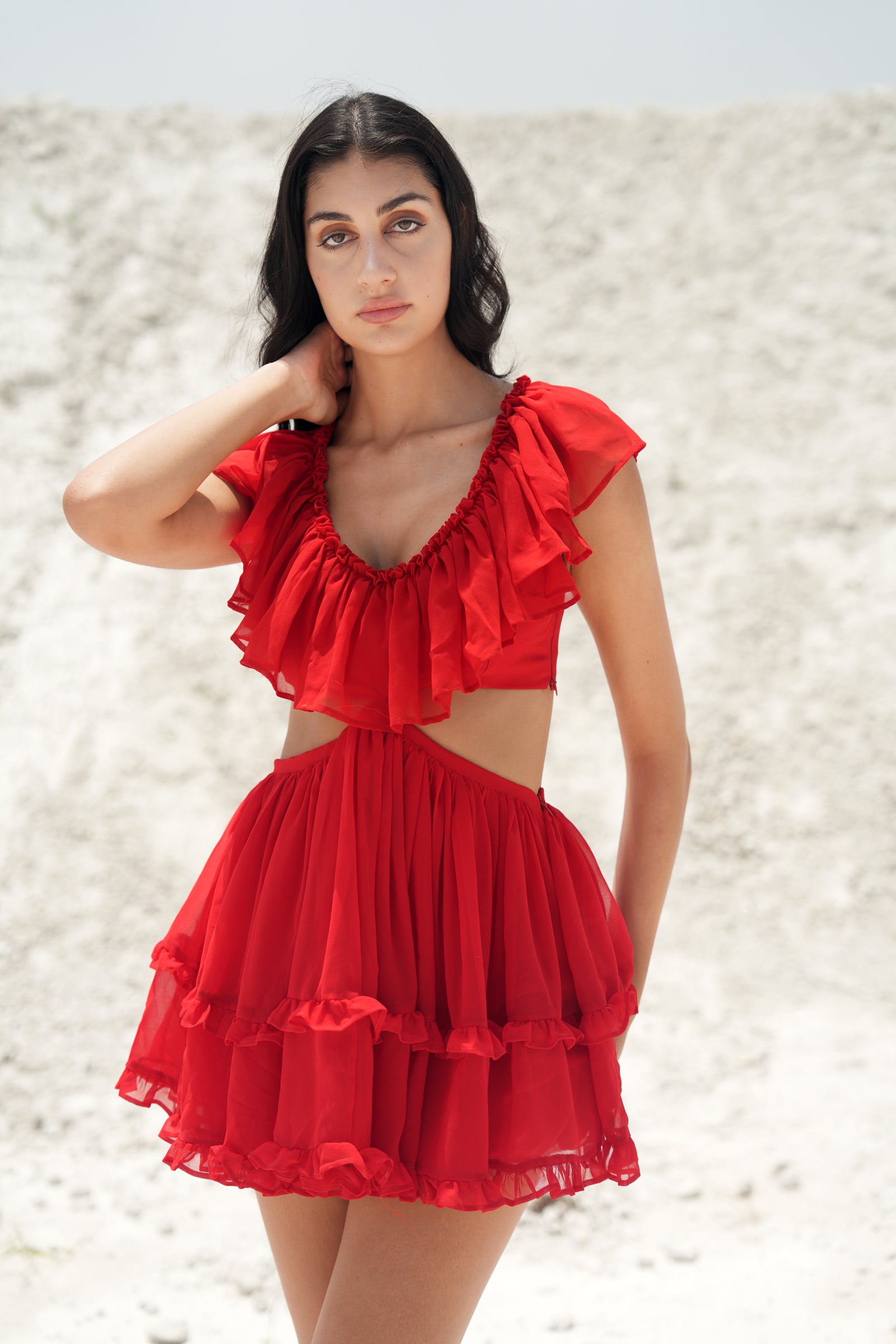 ROSSO CORSA RUFFLED SKATER MINI DRESS