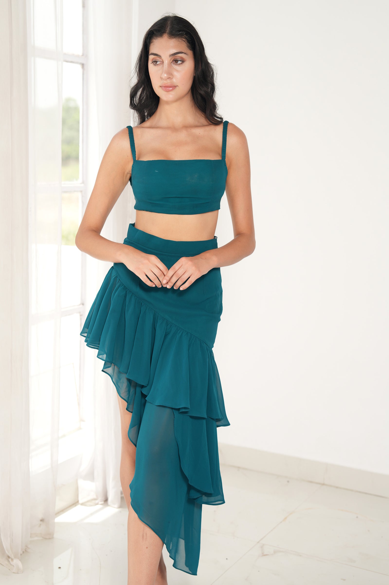 Dark Cyan Asymmetric Ruffled Skirt AND BUSTIER