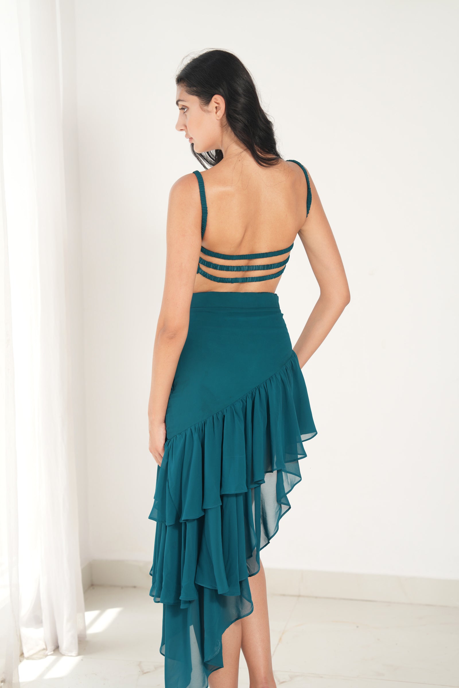 Dark Cyan Asymmetric Ruffled Skirt AND BUSTIER