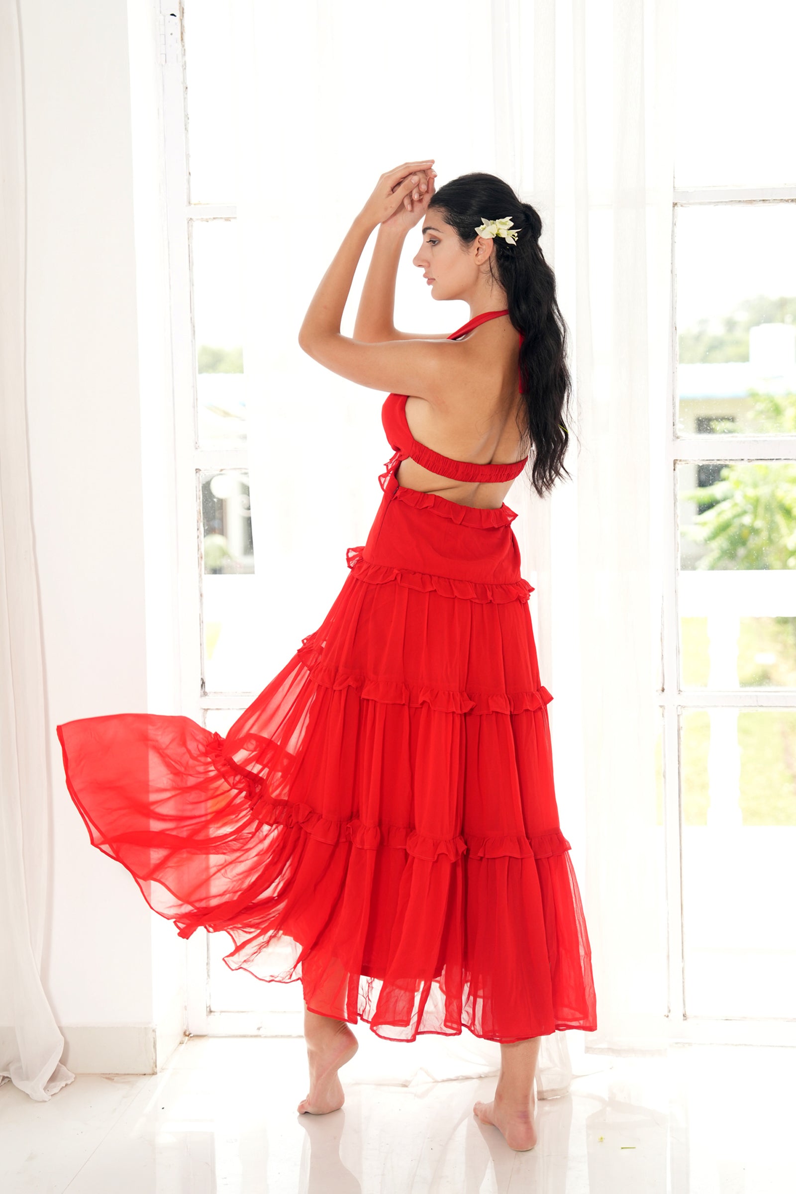 ROSSO CORSA HALTER NECK RUFFLED MAXI