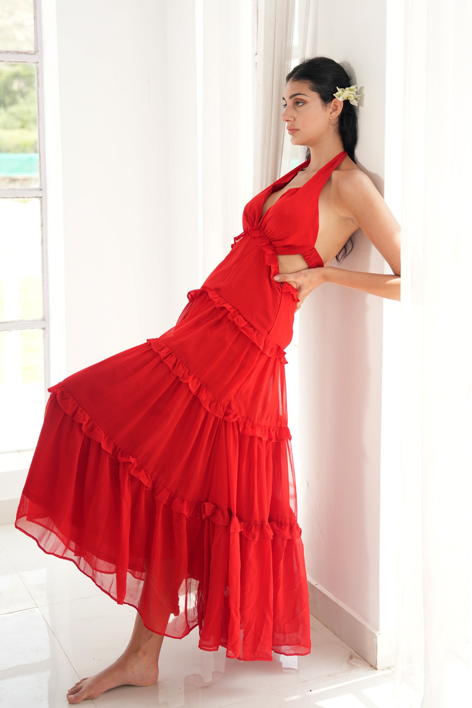 ROSSO CORSA HALTER NECK RUFFLED MAXI