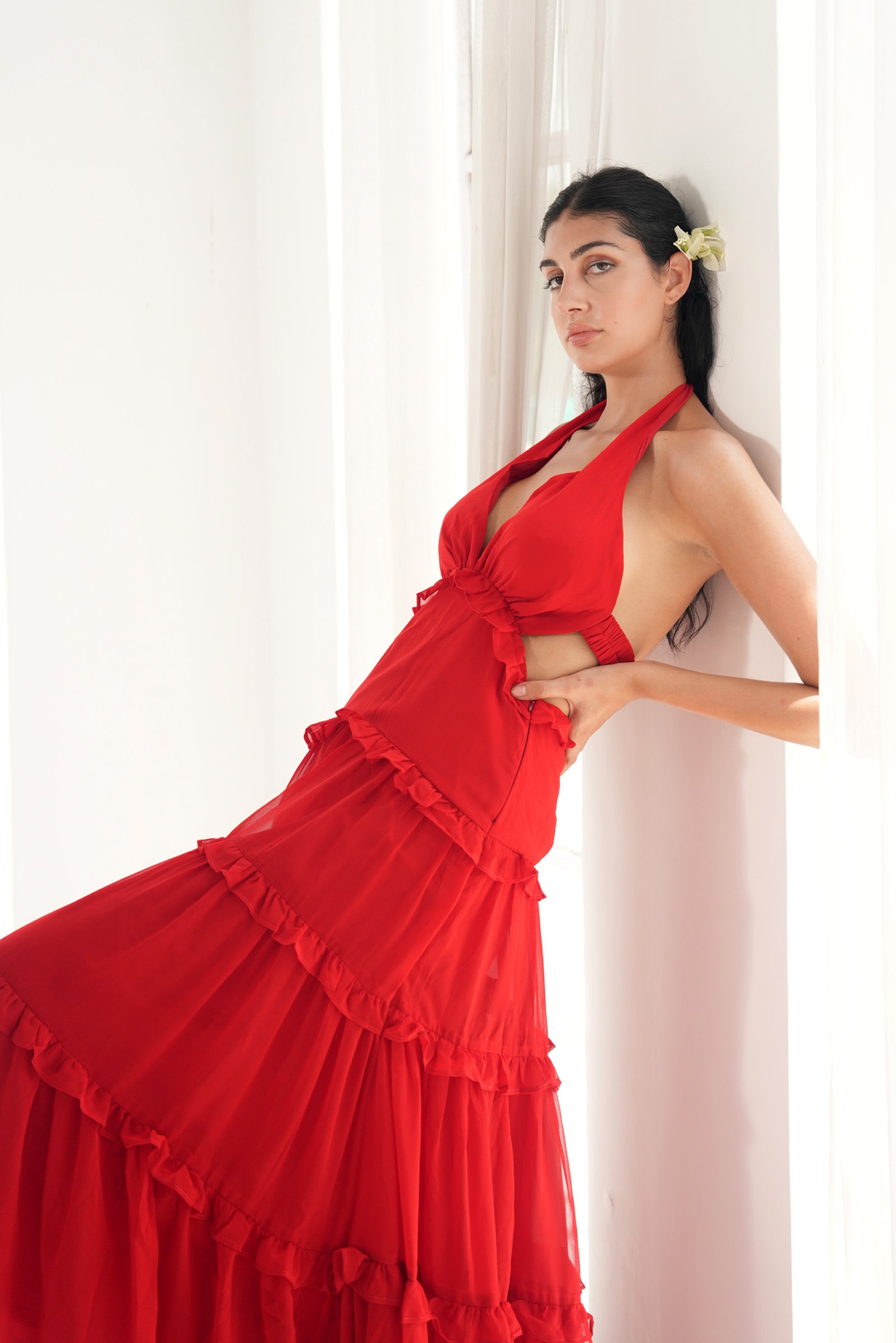 ROSSO CORSA HALTER NECK RUFFLED MAXI
