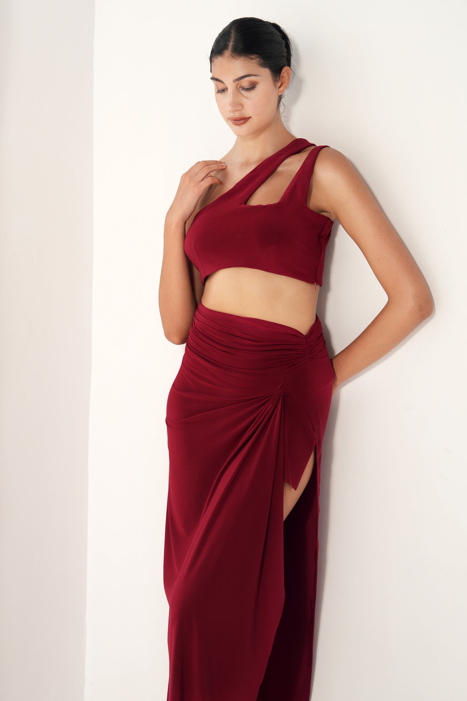 APPLE RED BANDAGE CROP TOP WITH COWL STRAIGHT SKIRT