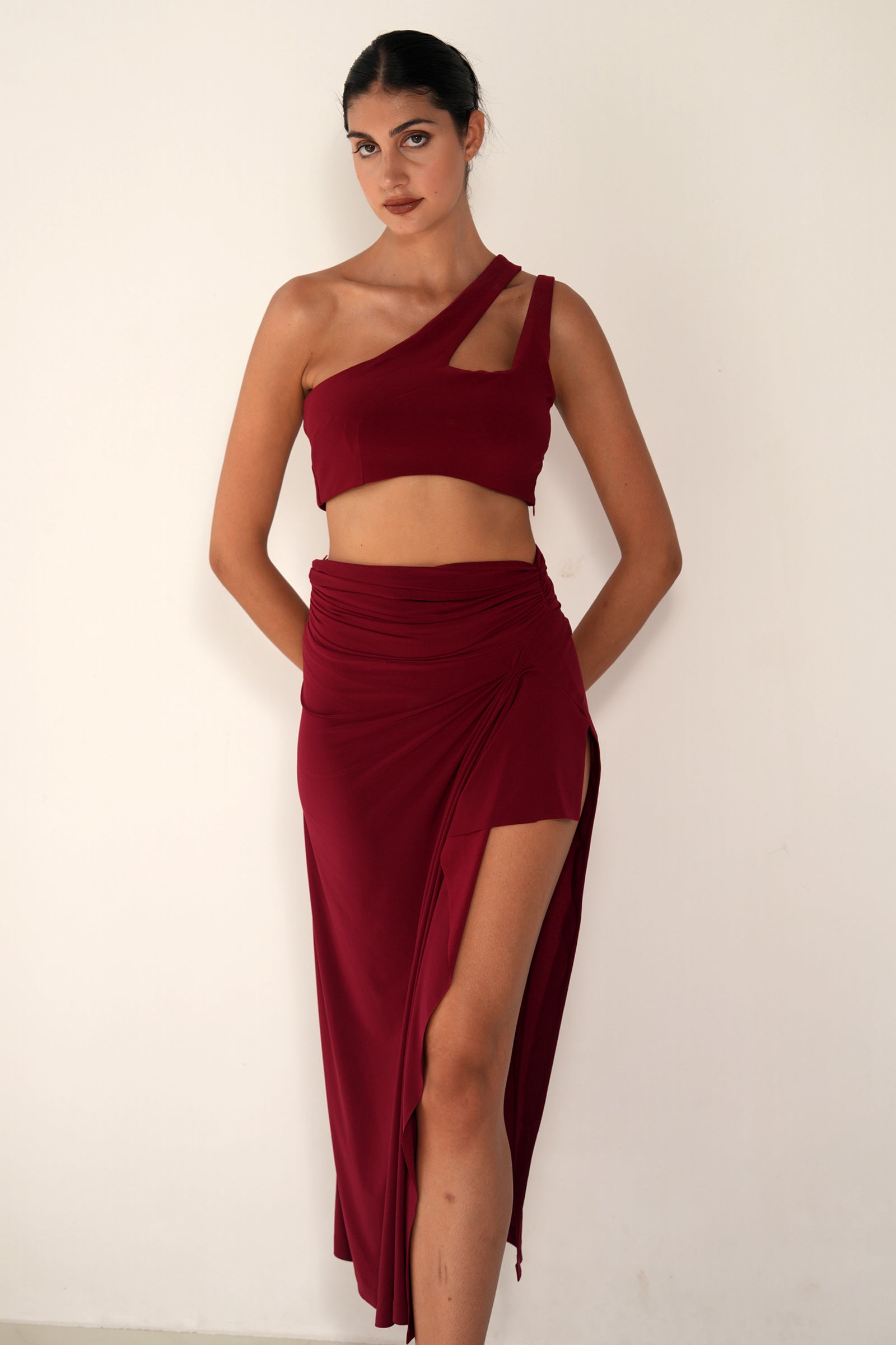 APPLE RED BANDAGE CROP TOP WITH COWL STRAIGHT SKIRT