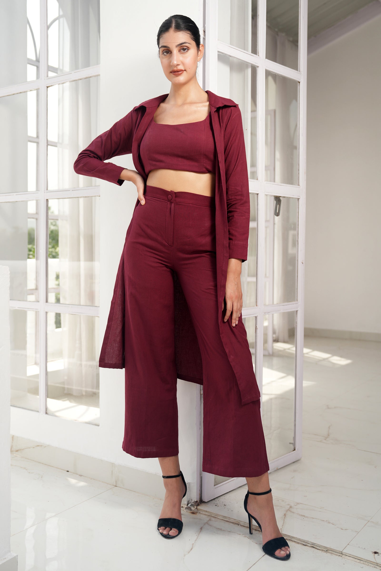 MAROON LONG JACKET WITH BUSTIER AND PANTS