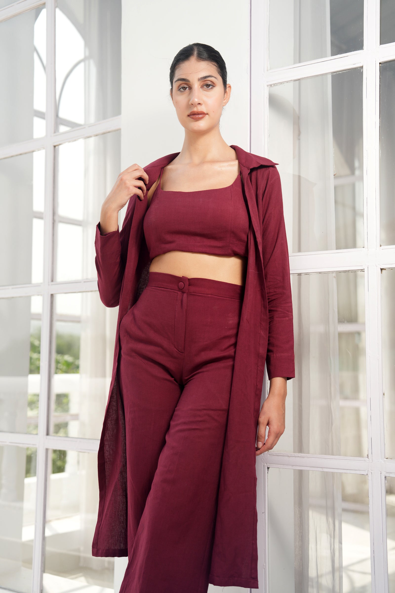 MAROON LONG JACKET WITH BUSTIER AND PANTS