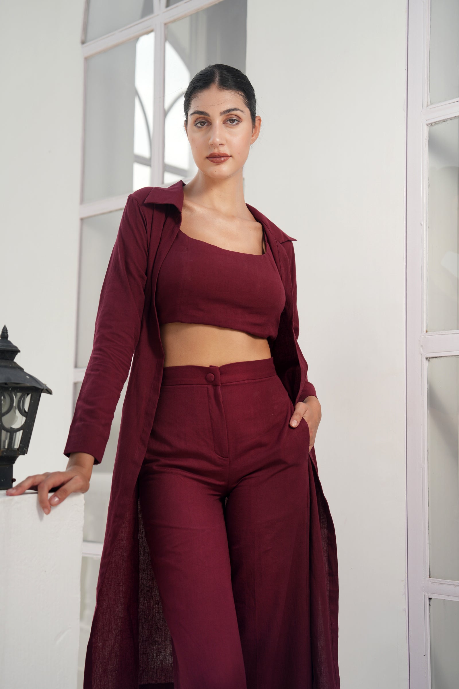 MAROON LONG JACKET WITH BUSTIER AND PANTS