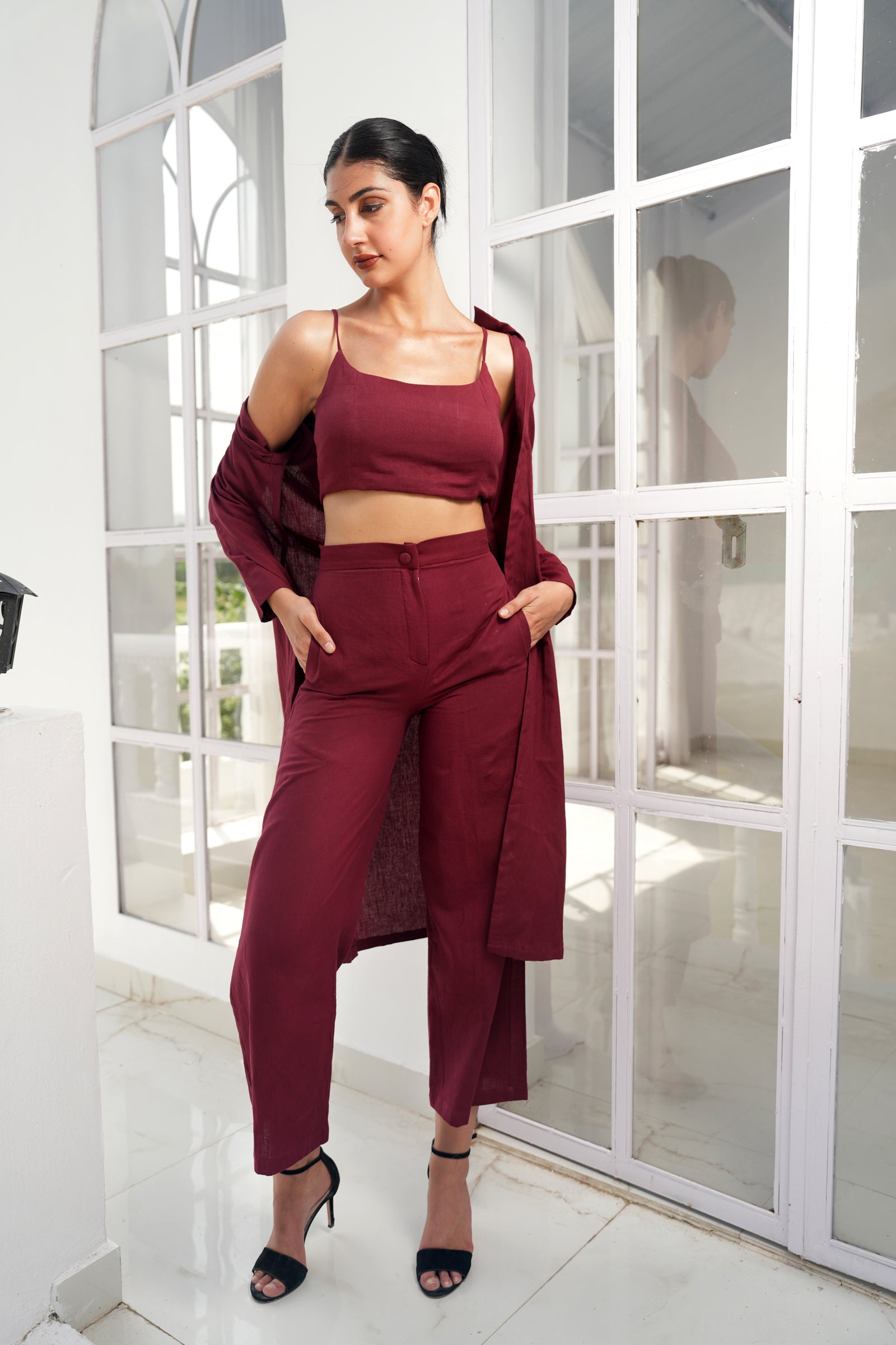 MAROON LONG JACKET WITH BUSTIER AND PANTS
