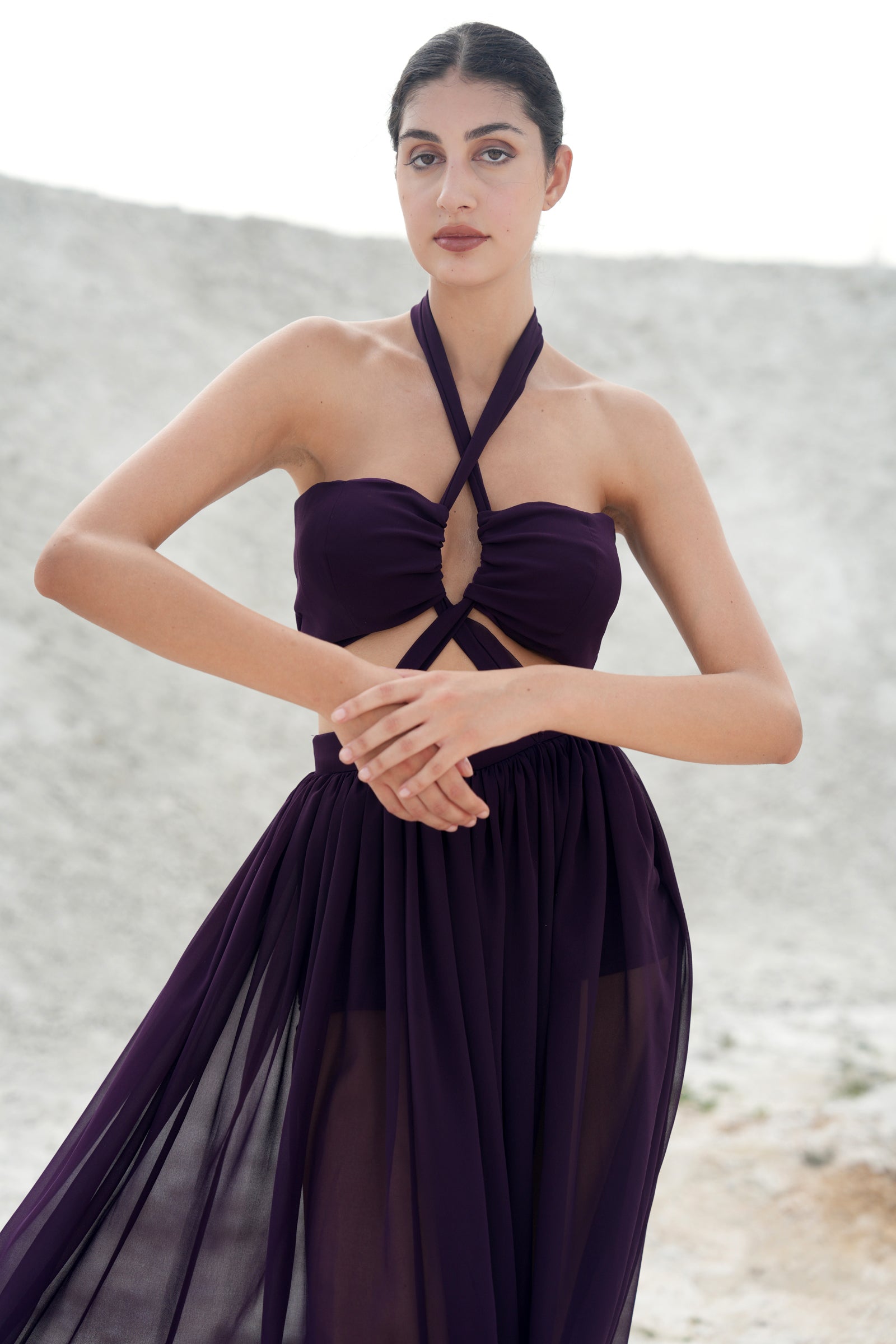 MULBERRY PURPLE KEYHOLE BODICE GATHERED MAXI DRESS