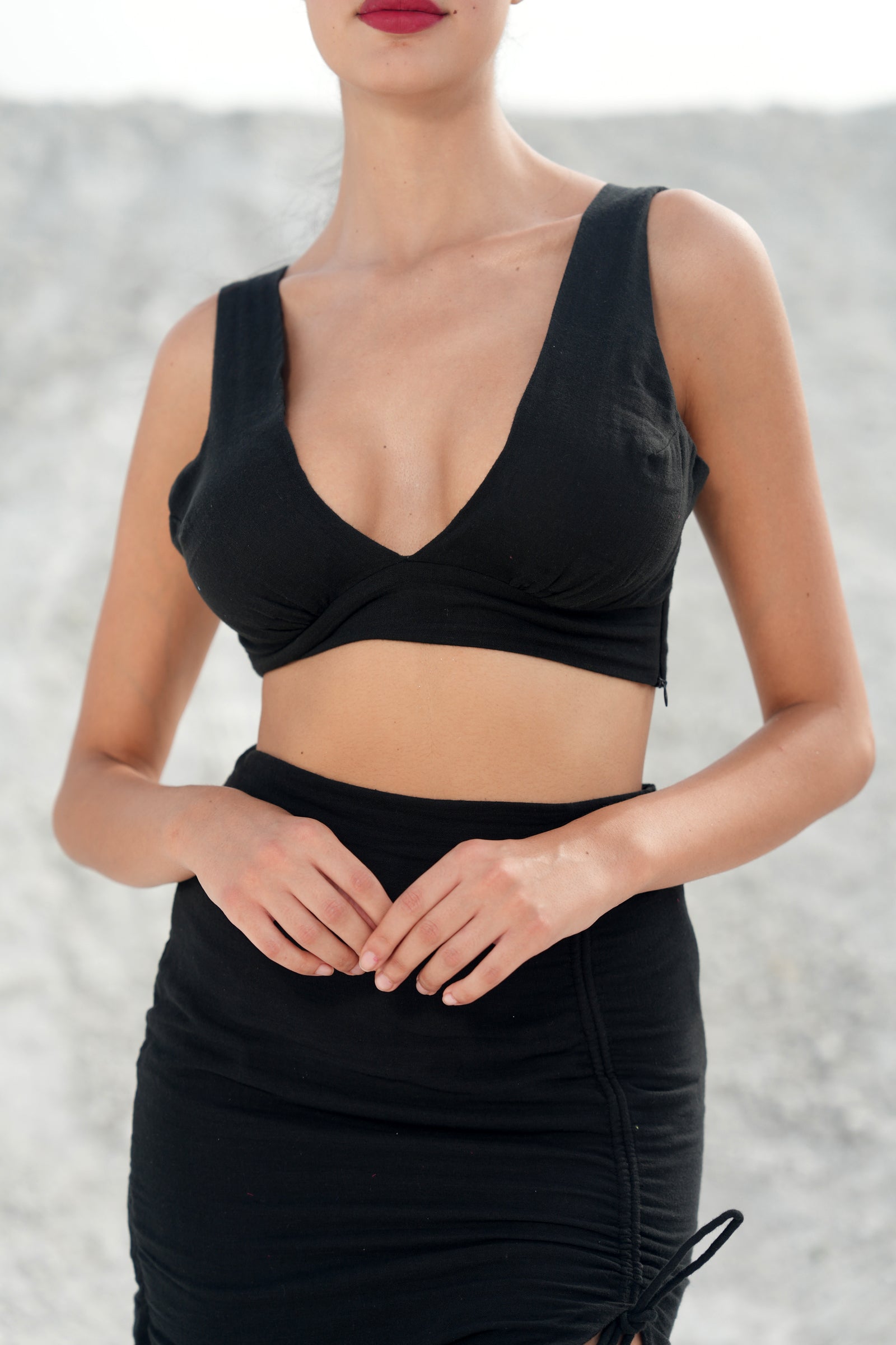 BLACK COTTON PLUNGE TOP WITH RUCHED SKIRT