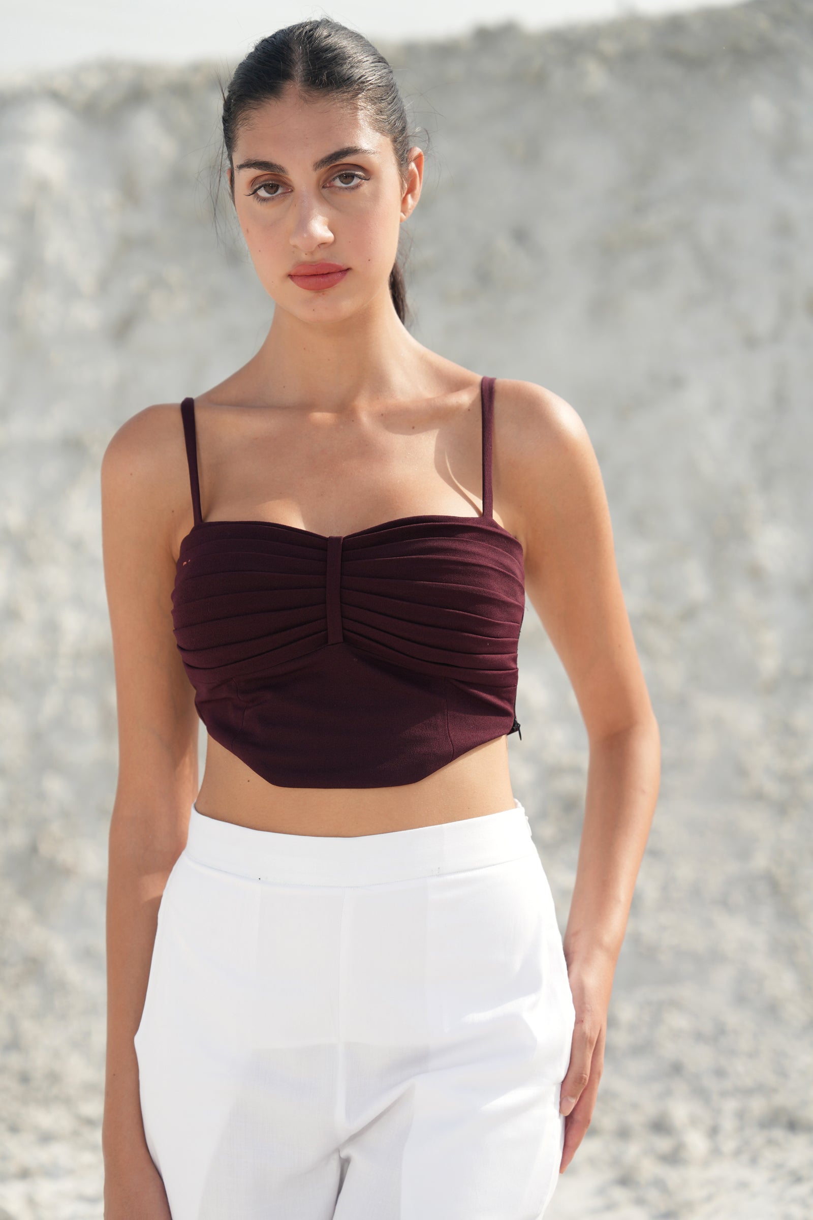 BURGUNDY PLEATED CORSET CROP TOP