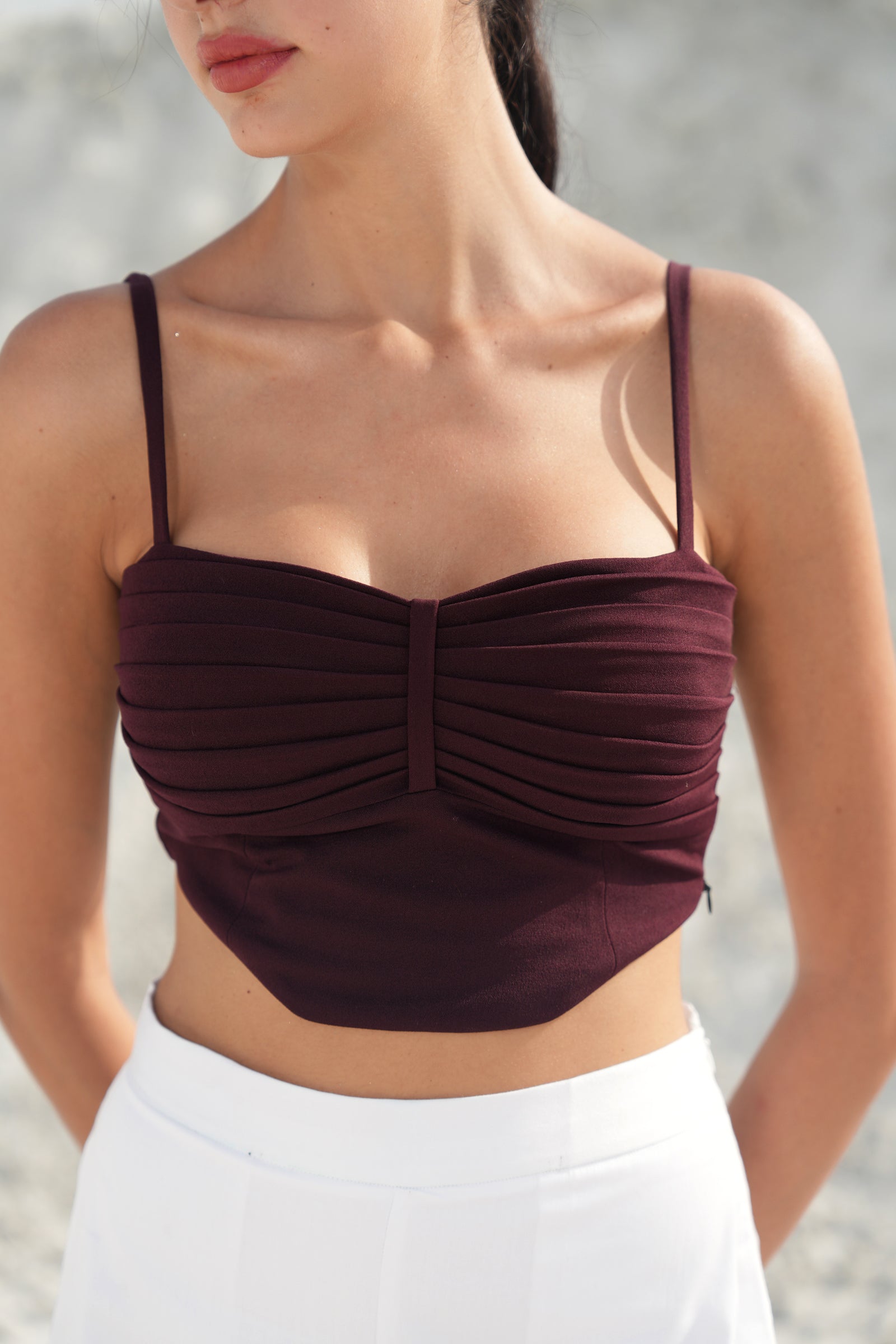 BURGUNDY PLEATED CORSET CROP TOP