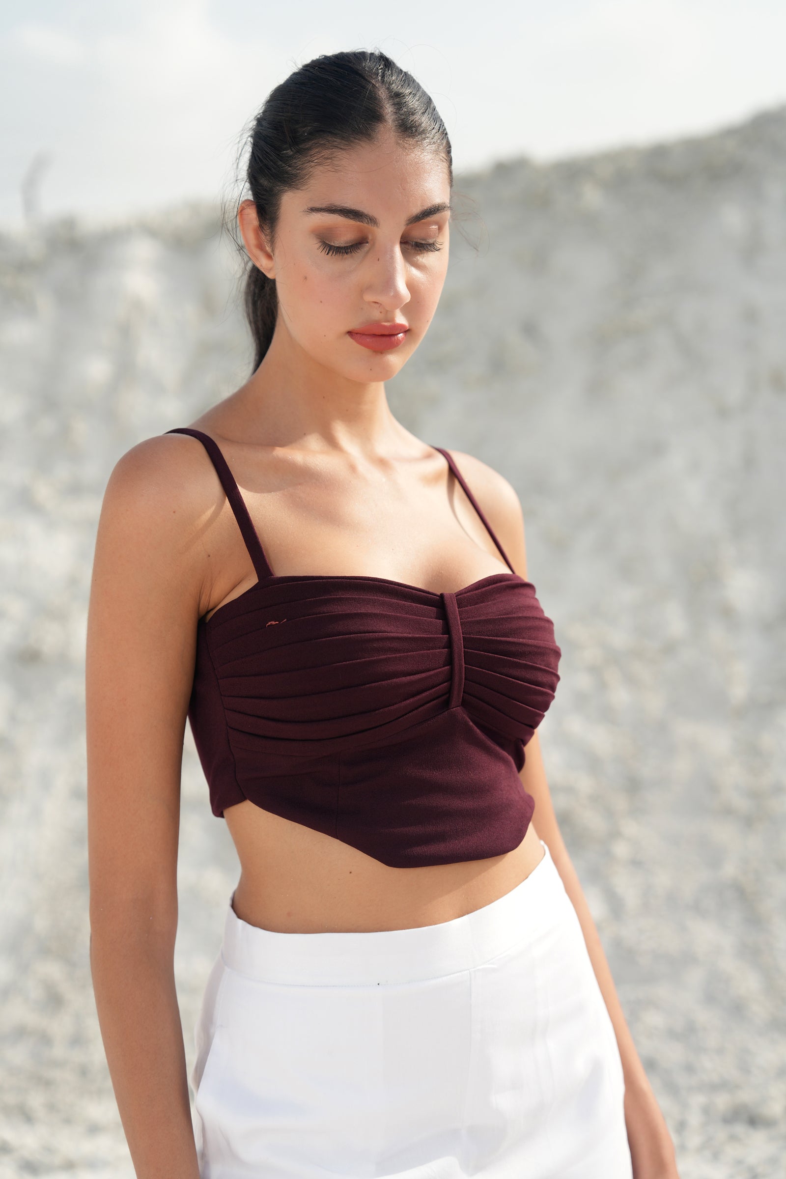 BURGUNDY PLEATED CORSET CROP TOP