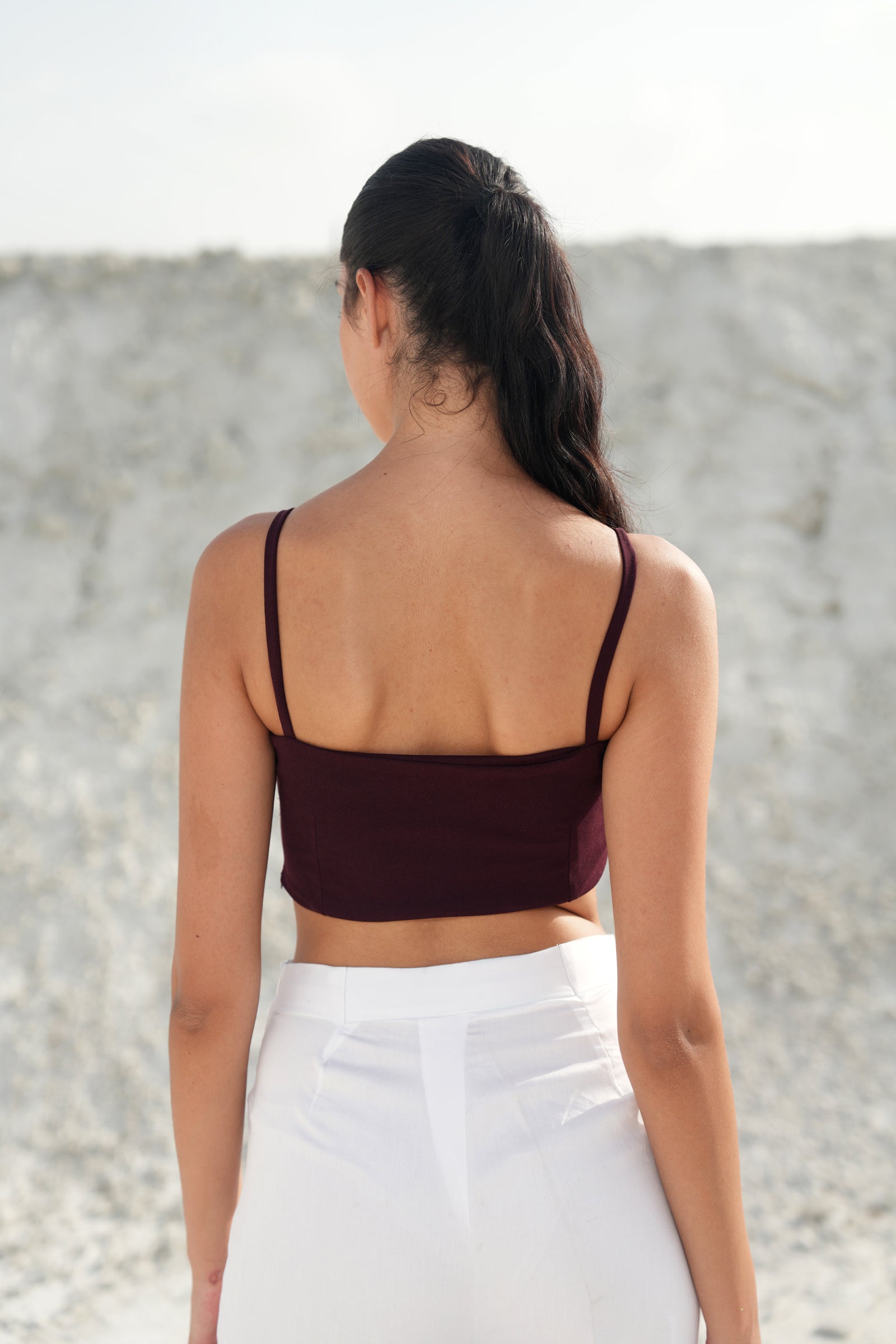 BURGUNDY PLEATED CORSET CROP TOP