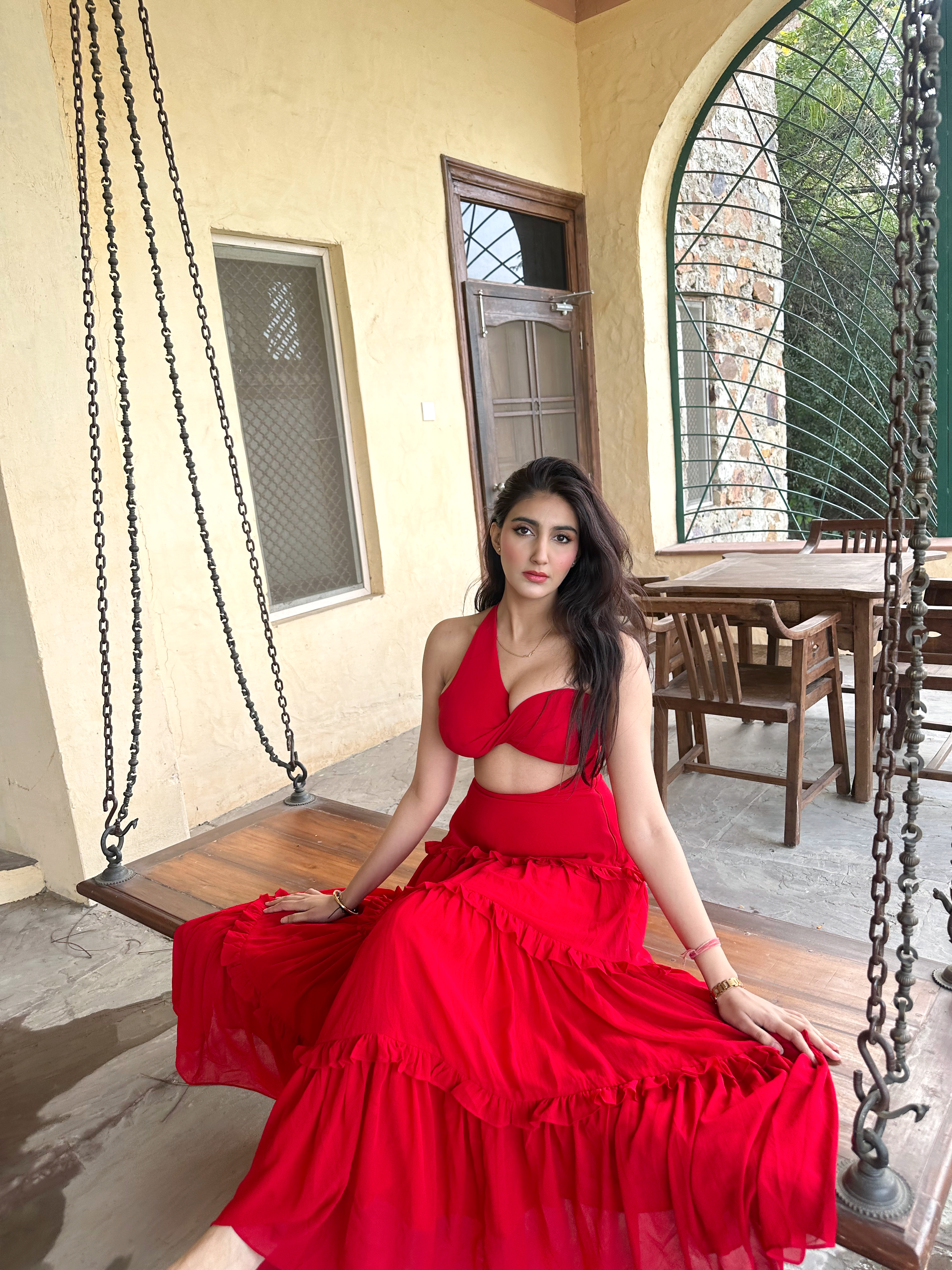 ROSSO CORSA ASYMMETRIC RUFFLED MAXI DRESS
