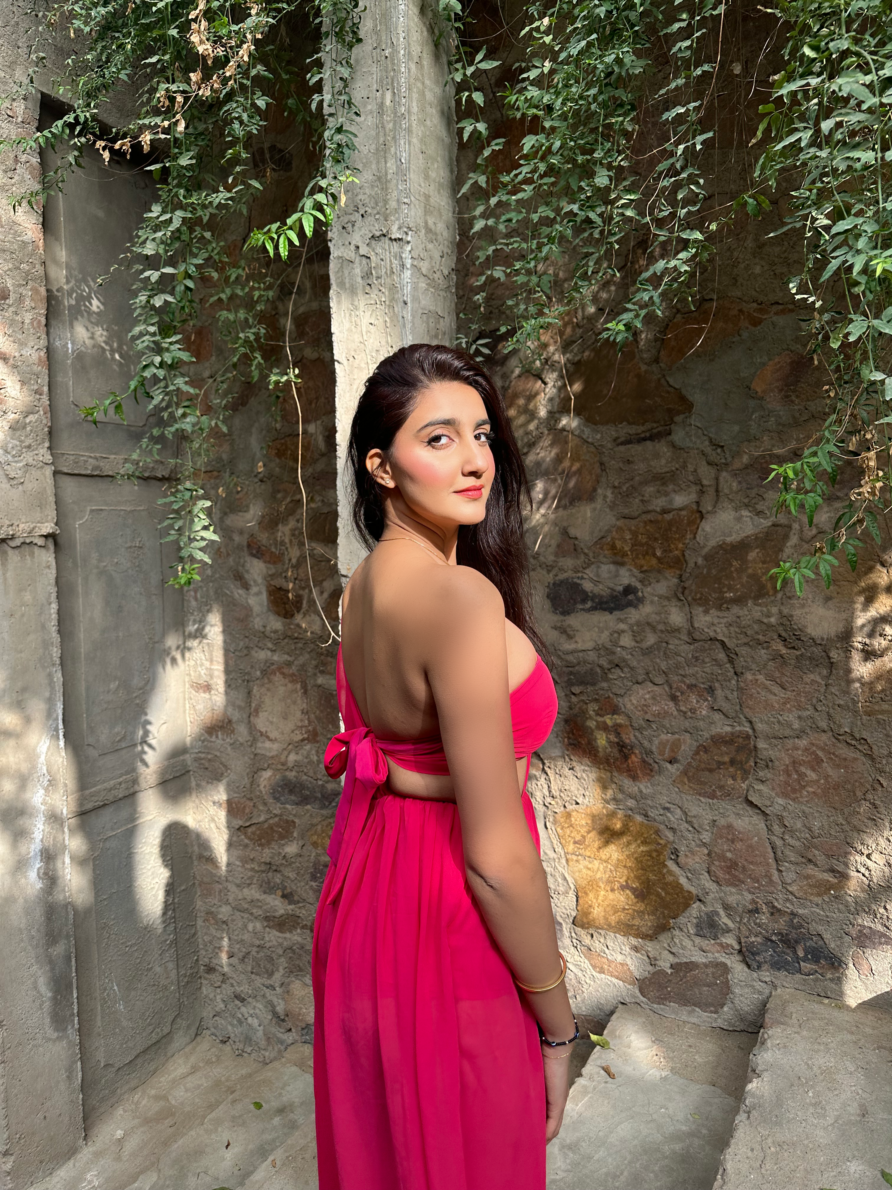 KNOCKOUT PINK ASYMMETRIC MAXI DRESS WITH TUBE BUSTIER