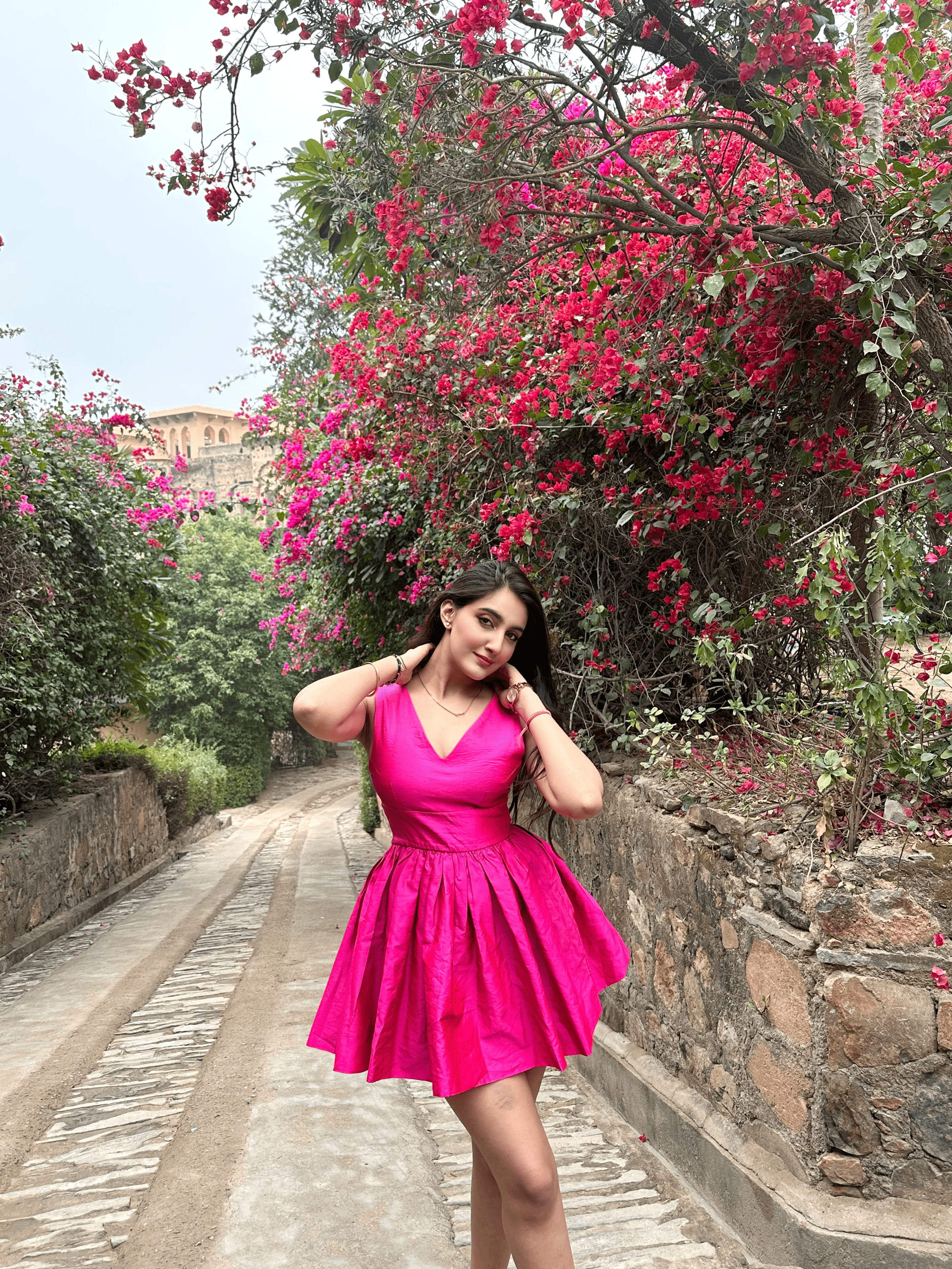 HOT PINK V-NECK SKATER MINI DRESS