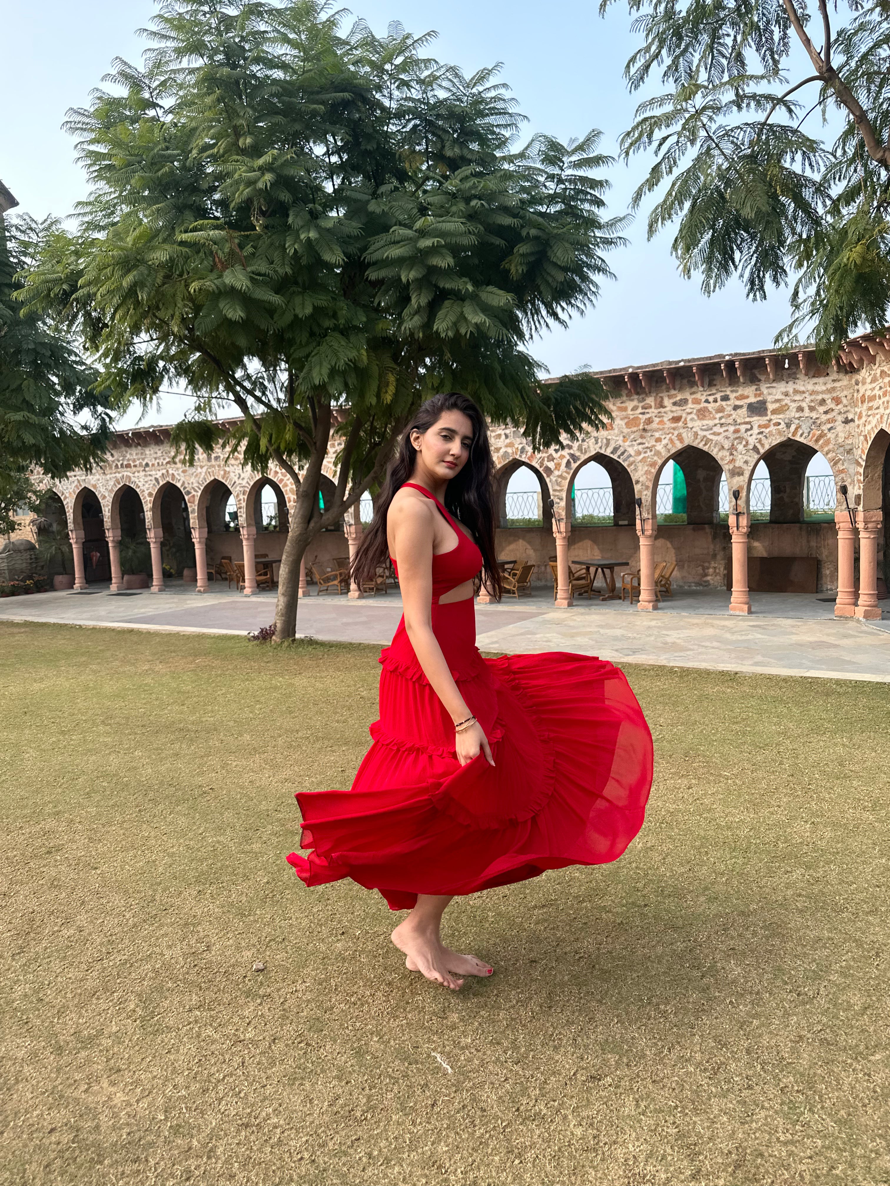 ROSSO CORSA ASYMMETRIC RUFFLED MAXI DRESS