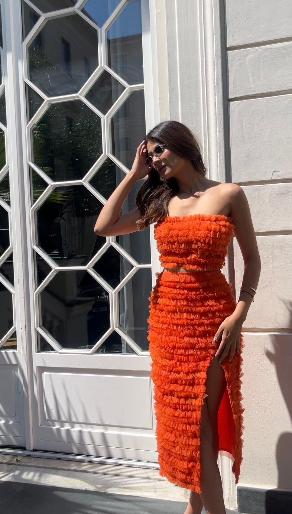 ORANGE TULLE LACE CROP TOP AND SKIRT