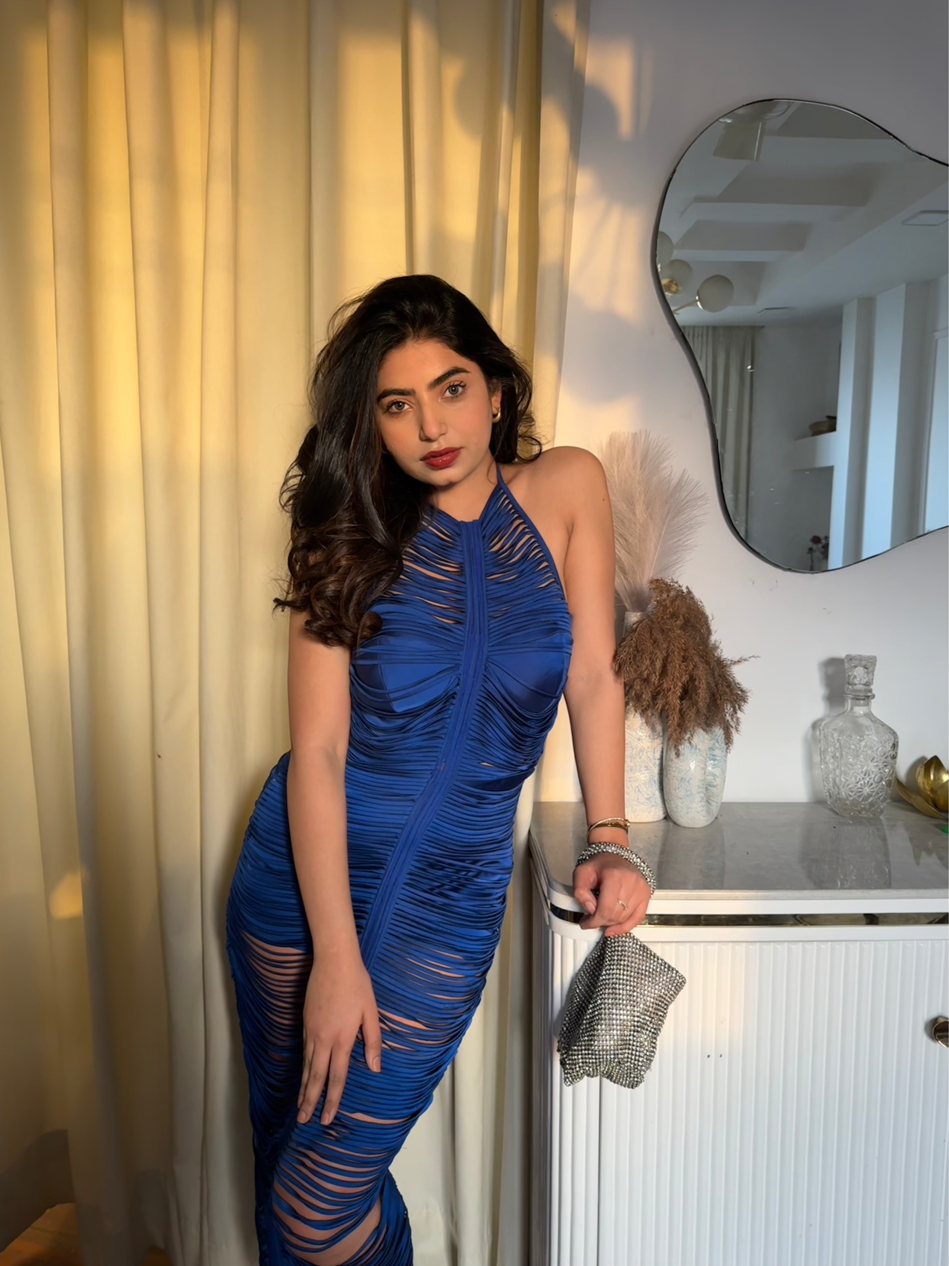 ELECTRIC BLUE : HAND SEWN FRINGES HALTER NECK MAXI DRESS
