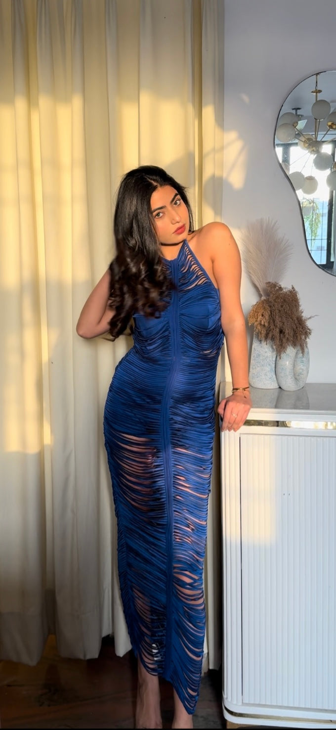 ELECTRIC BLUE : HAND SEWN FRINGES HALTER NECK MAXI DRESS