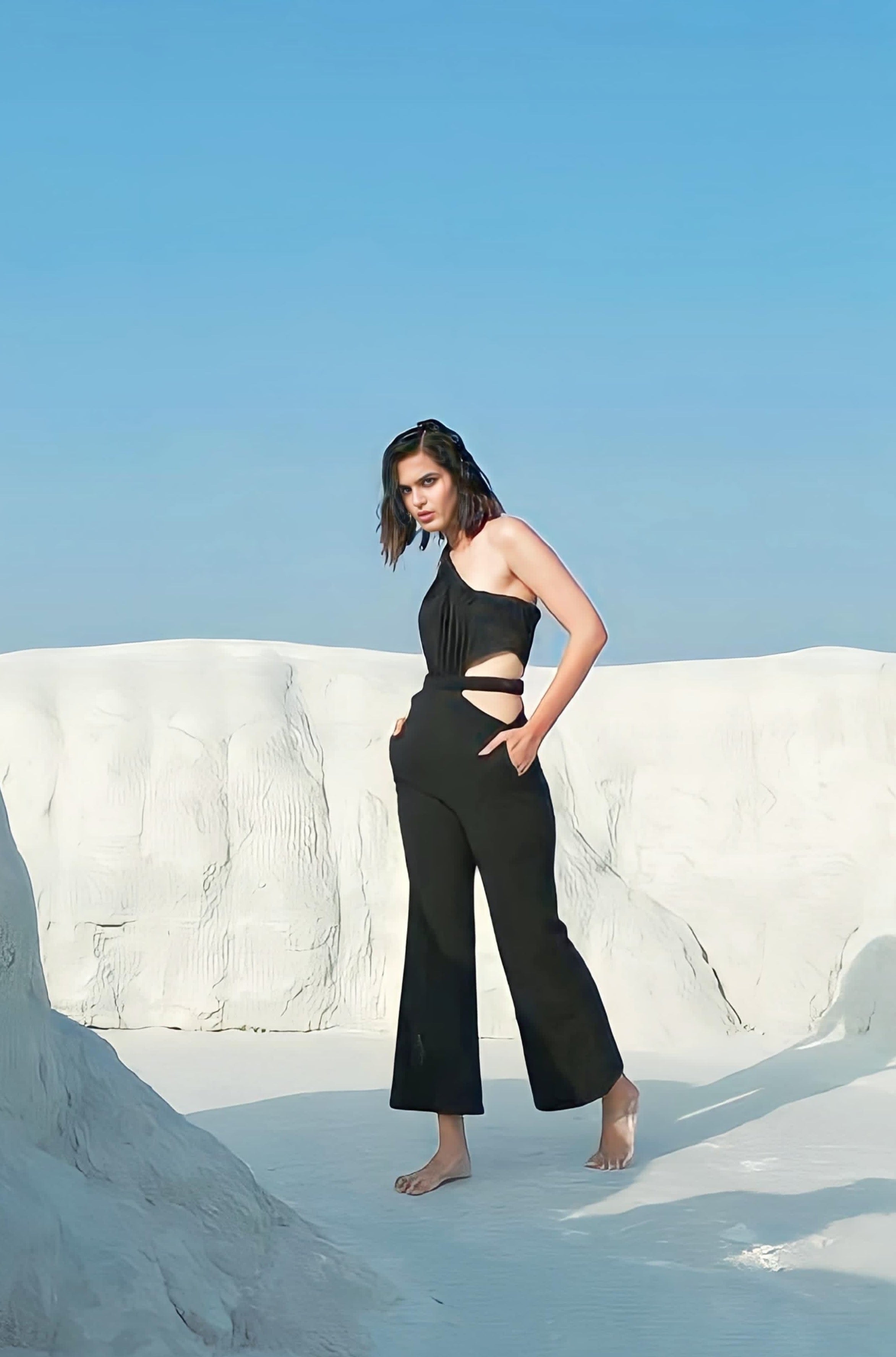 BLACK ELASTICATED BANDAGE JUMPSUIT