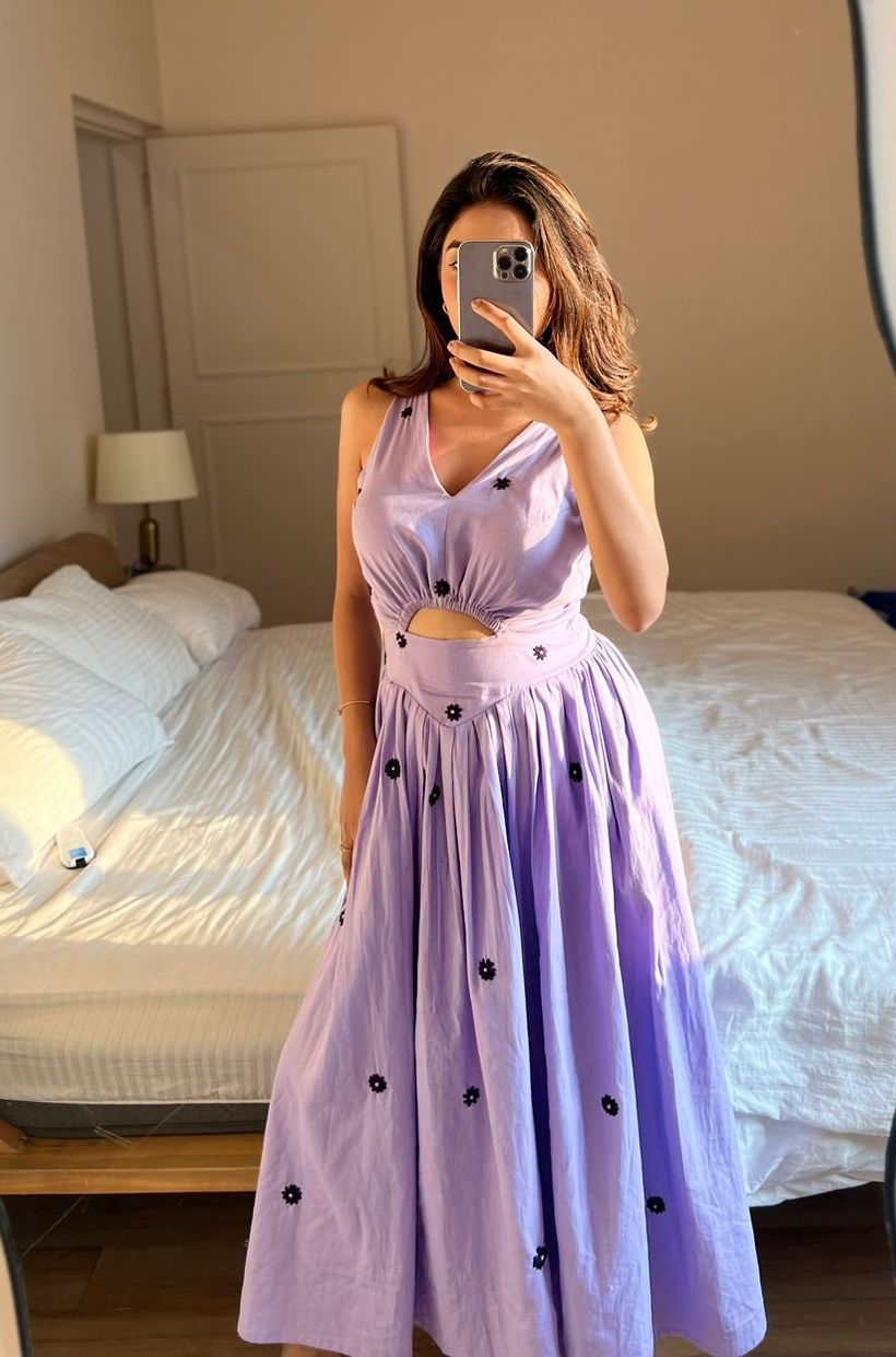 LAVENDER GATHERED HAND EMBROIDERED MAXI