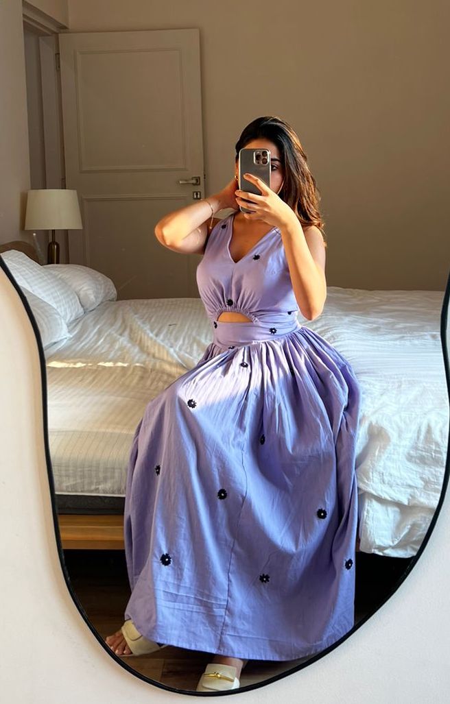 LAVENDER GATHERED HAND EMBROIDERED MAXI