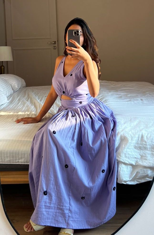 LAVENDER GATHERED HAND EMBROIDERED MAXI