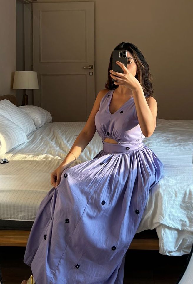 LAVENDER GATHERED HAND EMBROIDERED MAXI
