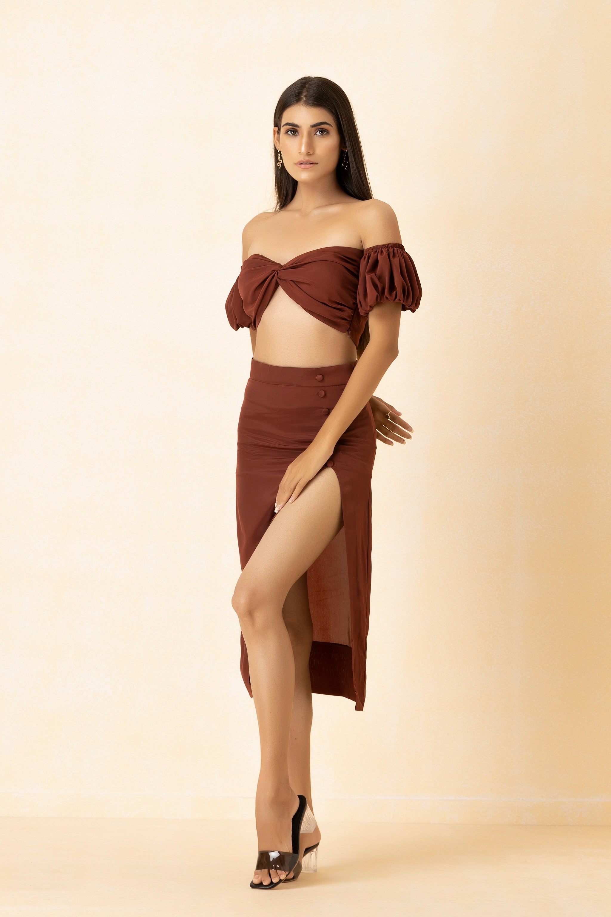 Mahogany Color Twisted Crop Top and Skirt