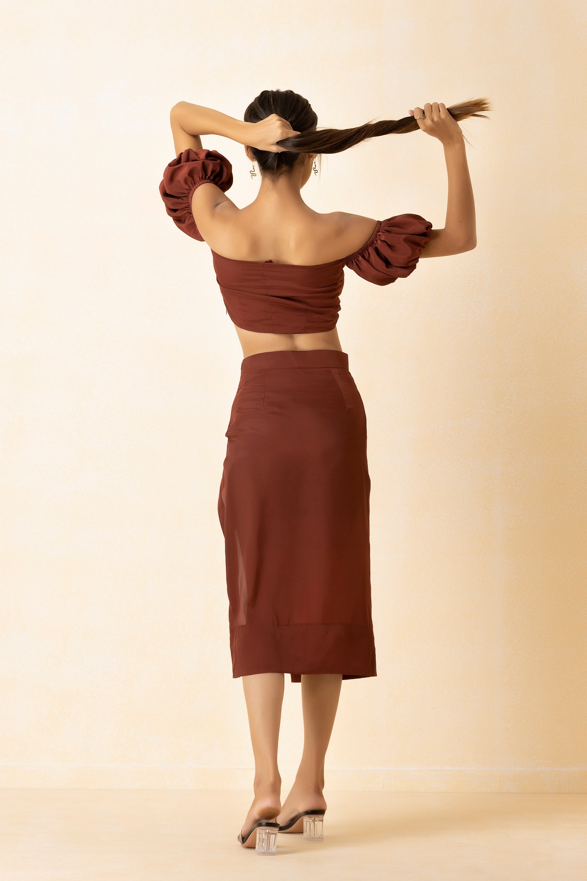 Mahogany Color Twisted Crop Top and Skirt