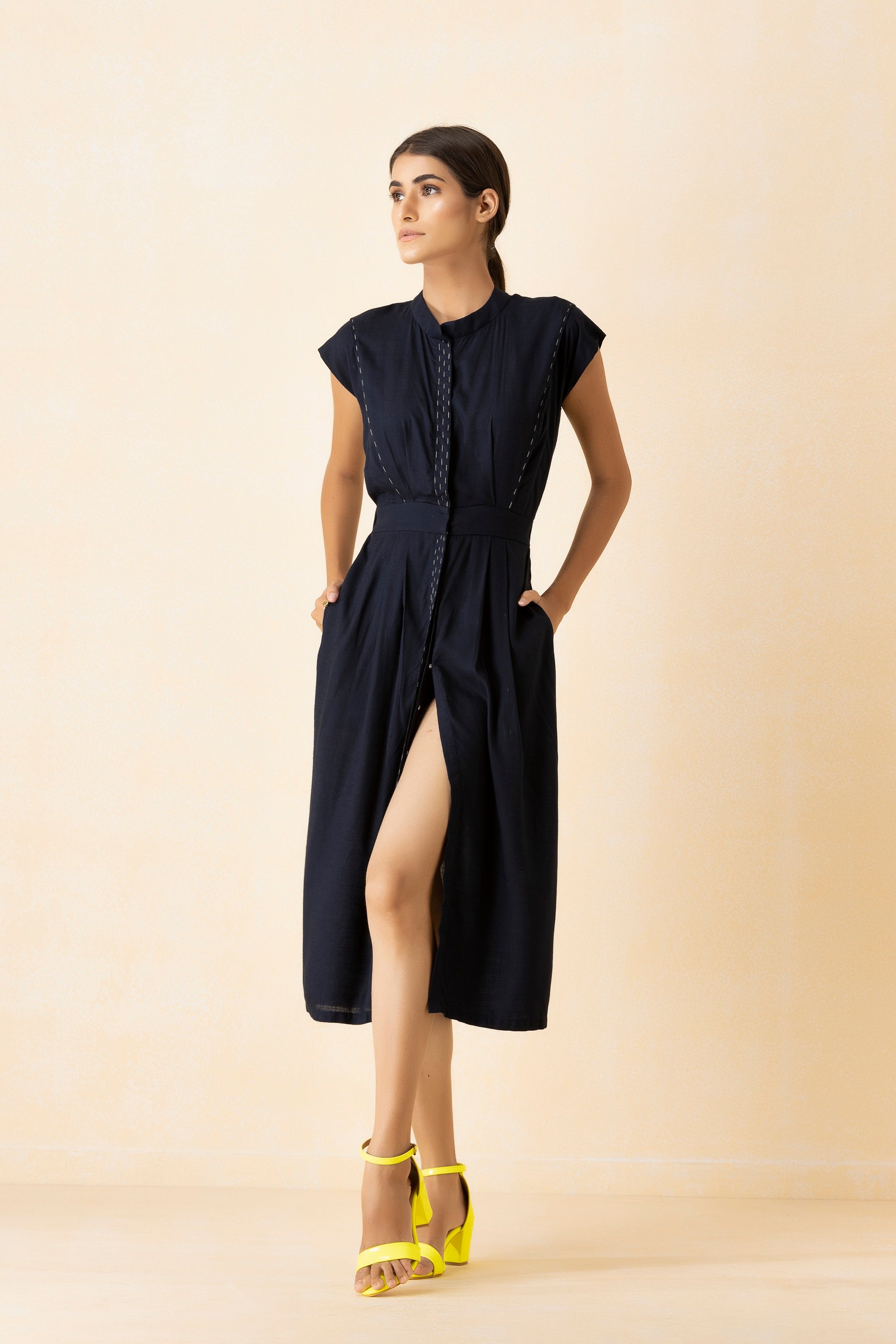 Navy Blue Thread Shirt Midi Dress