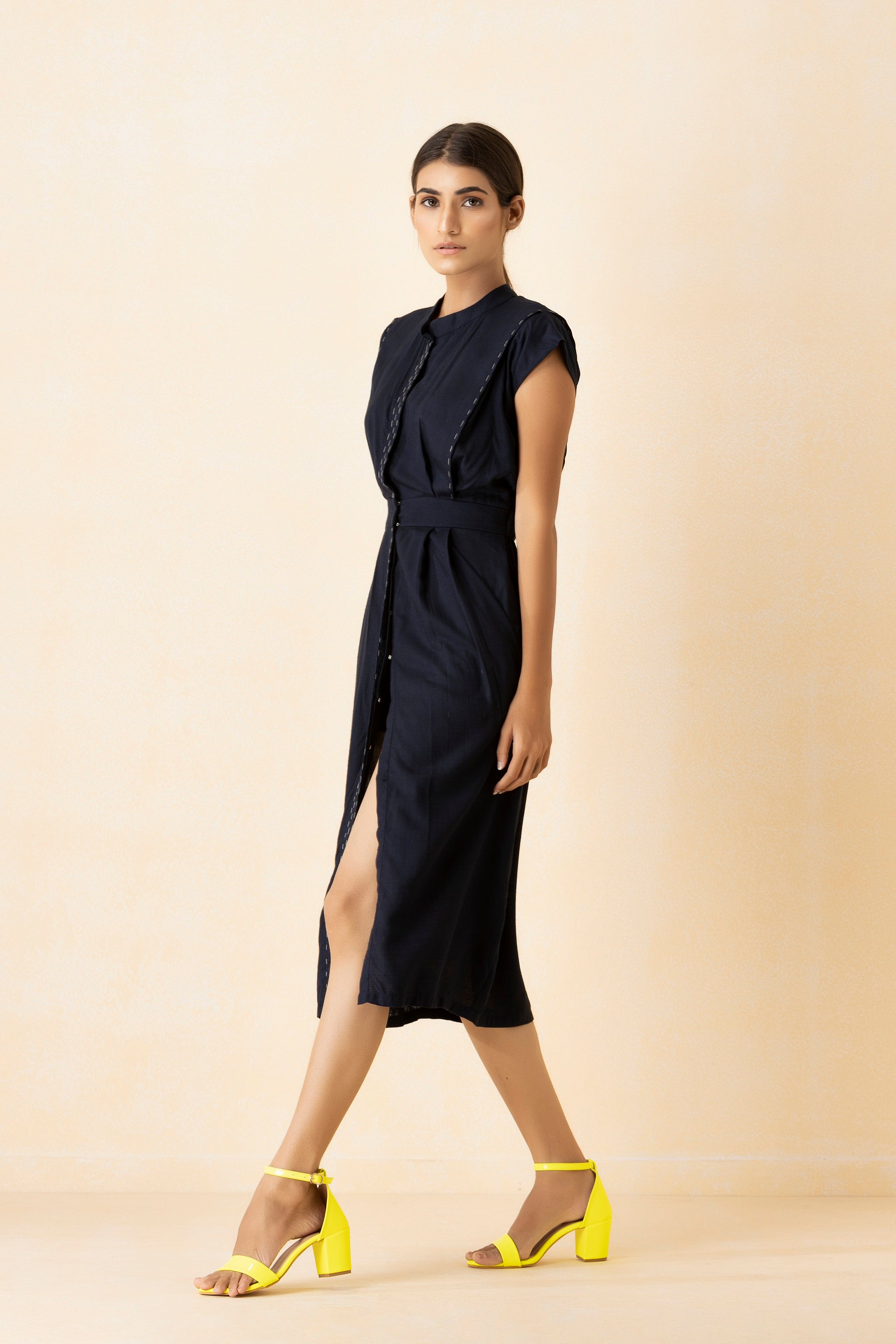 Navy Blue Thread Shirt Midi Dress