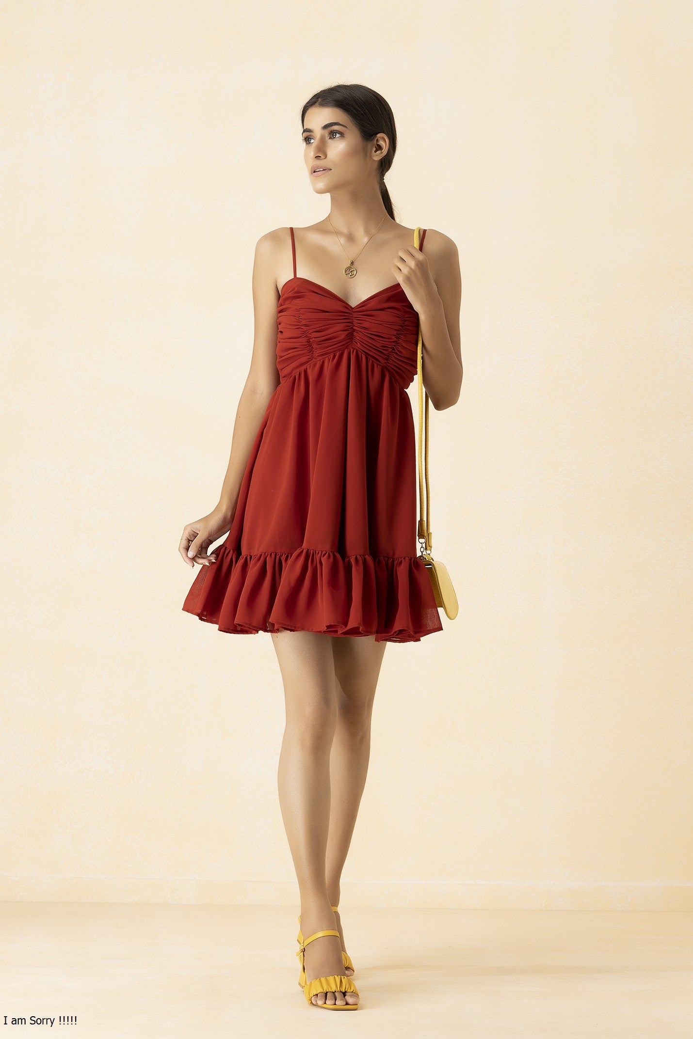 Carmine Color Gathered Skater Mini Dress