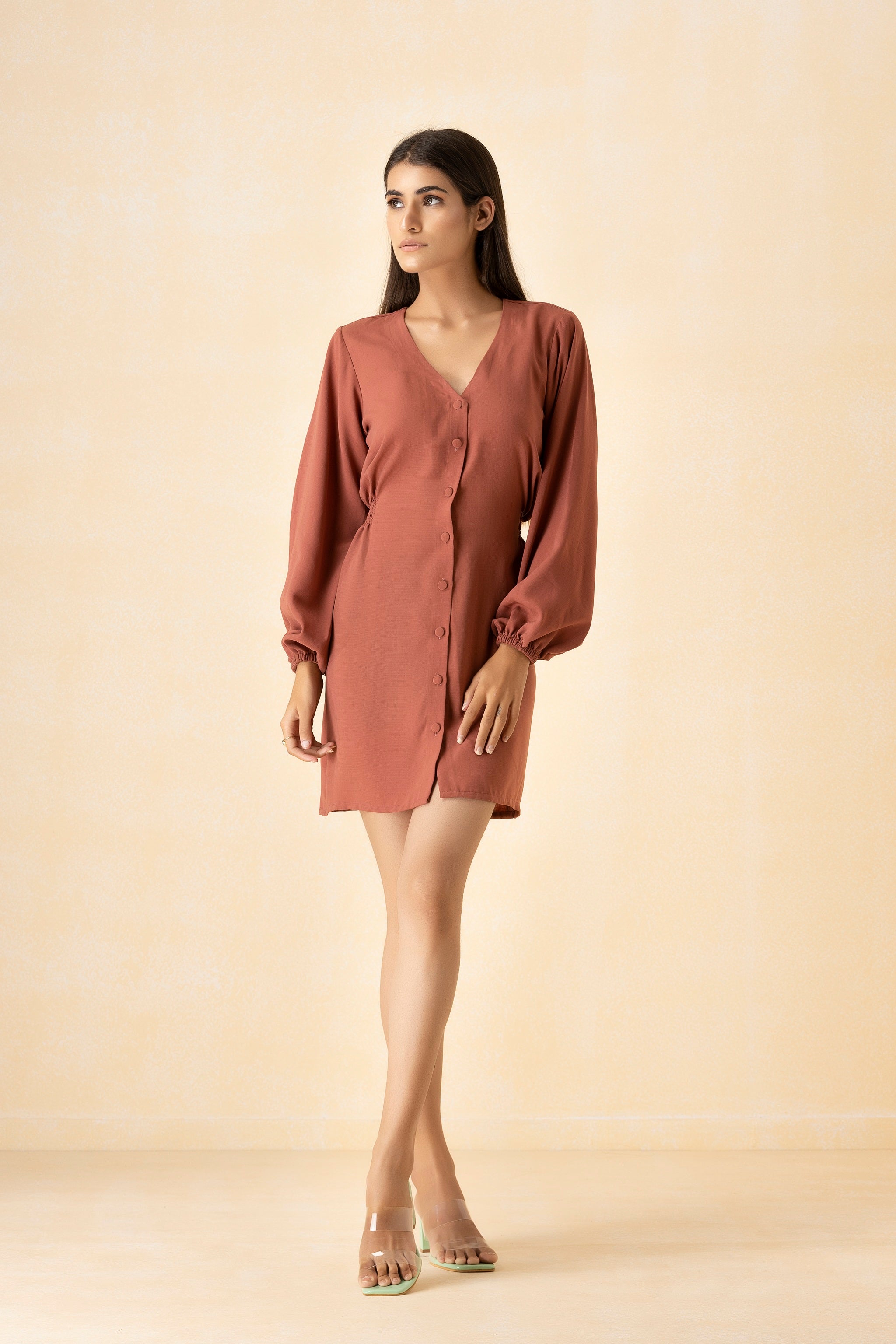 Marsala V-neck Smocking Short Shirt Dress