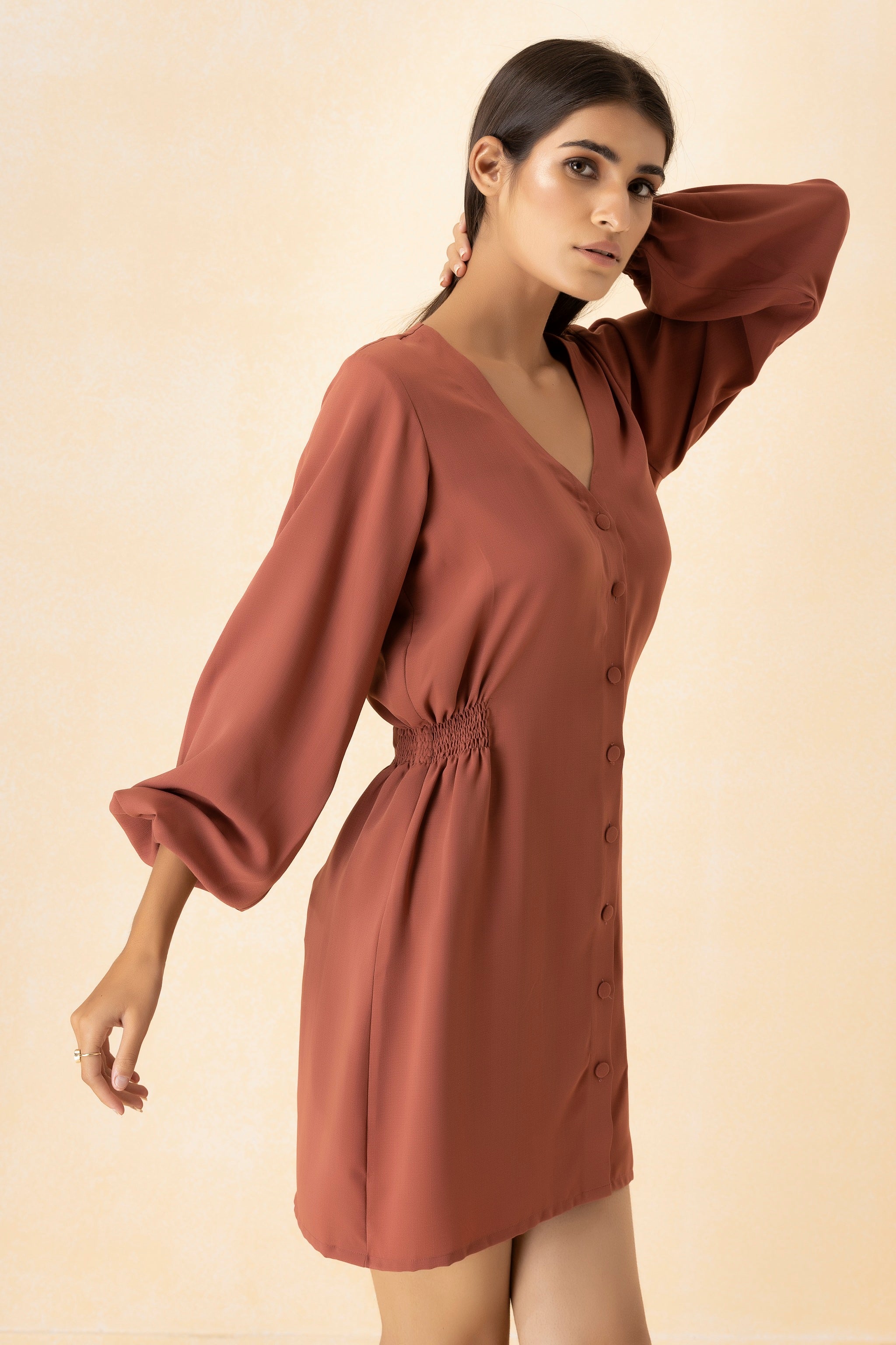 Marsala V-neck Smocking Short Shirt Dress