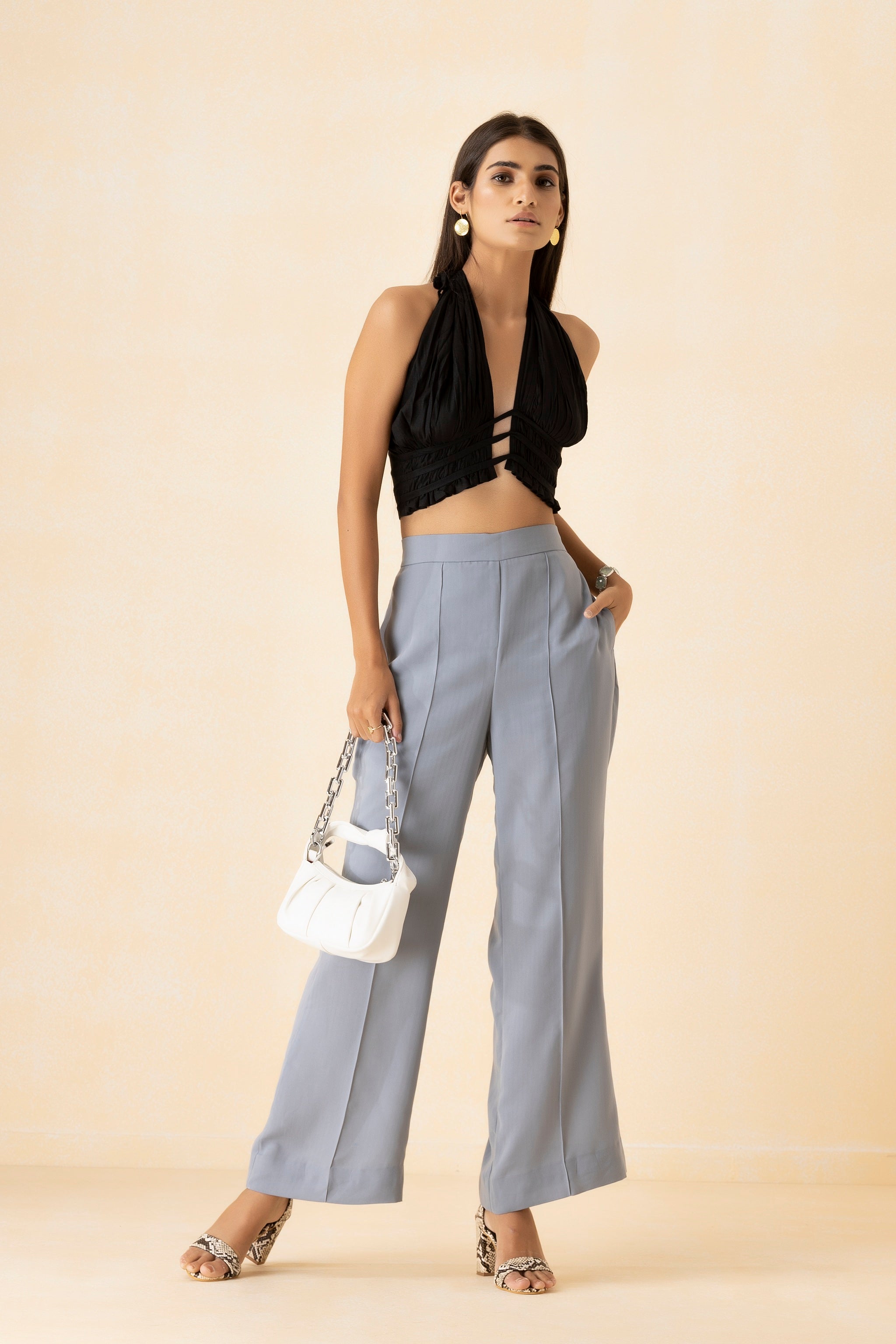 Black Halter Neck Top and Powder Blue Pants