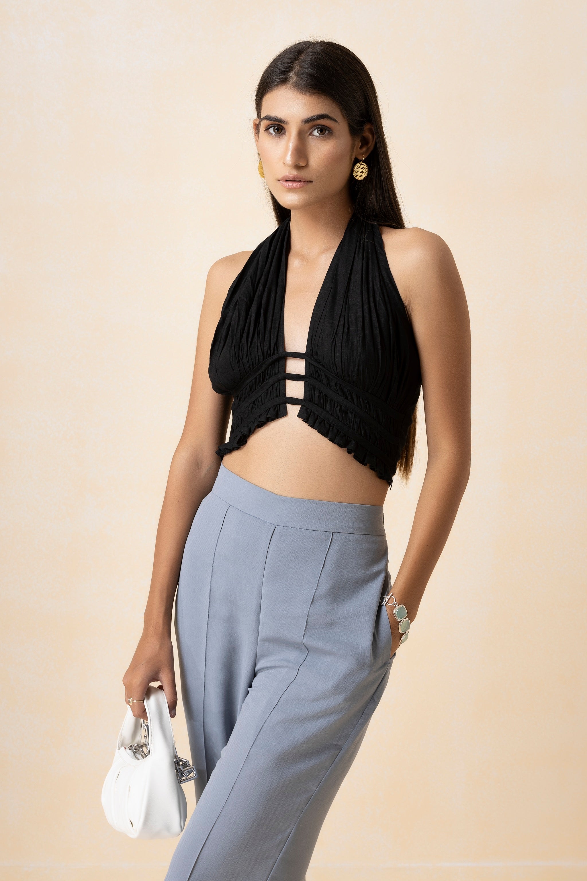 Black Halter Neck Top and Powder Blue Pants