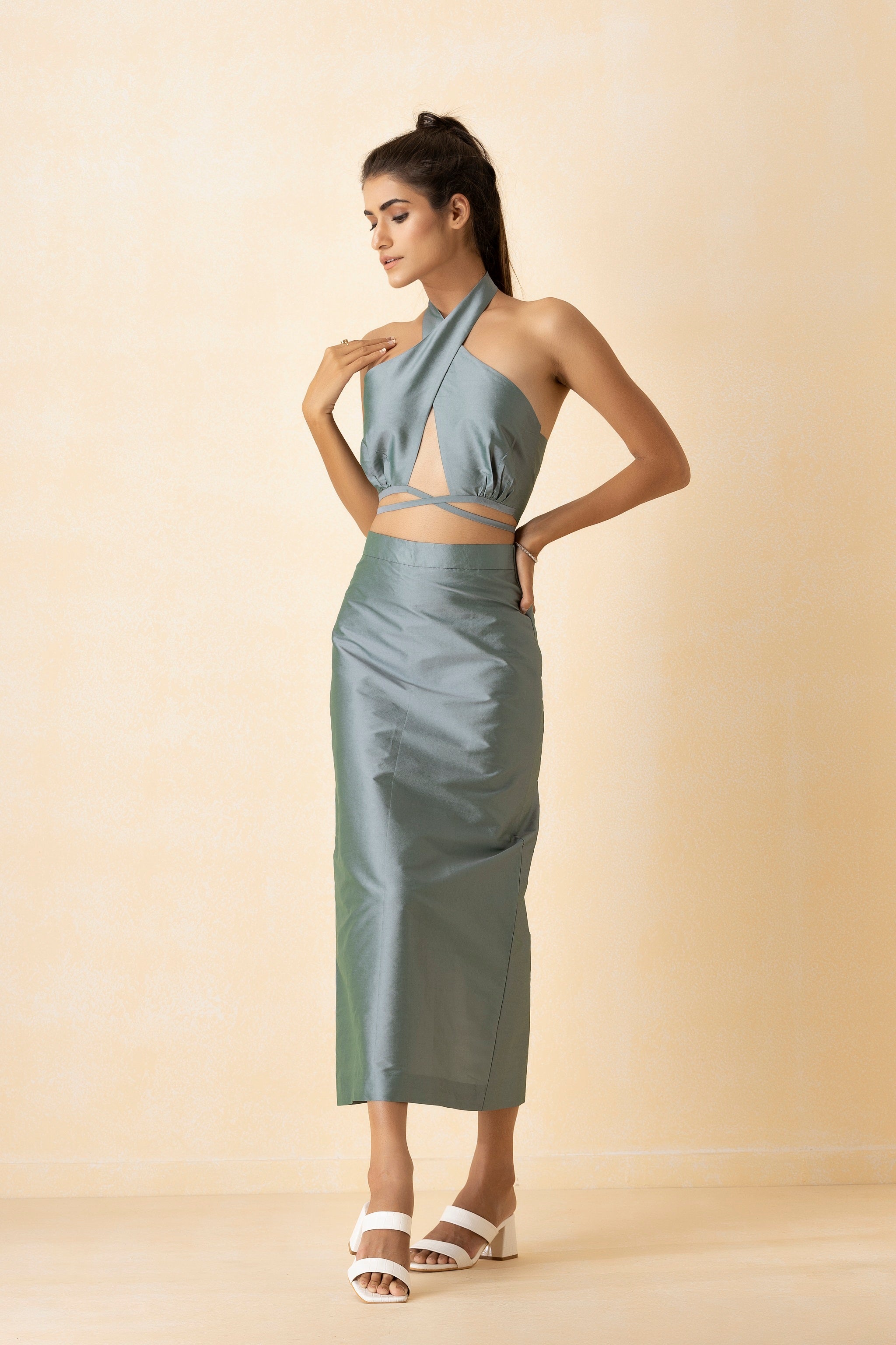 Ash Grey Halter Neck Crop Top And Skirt