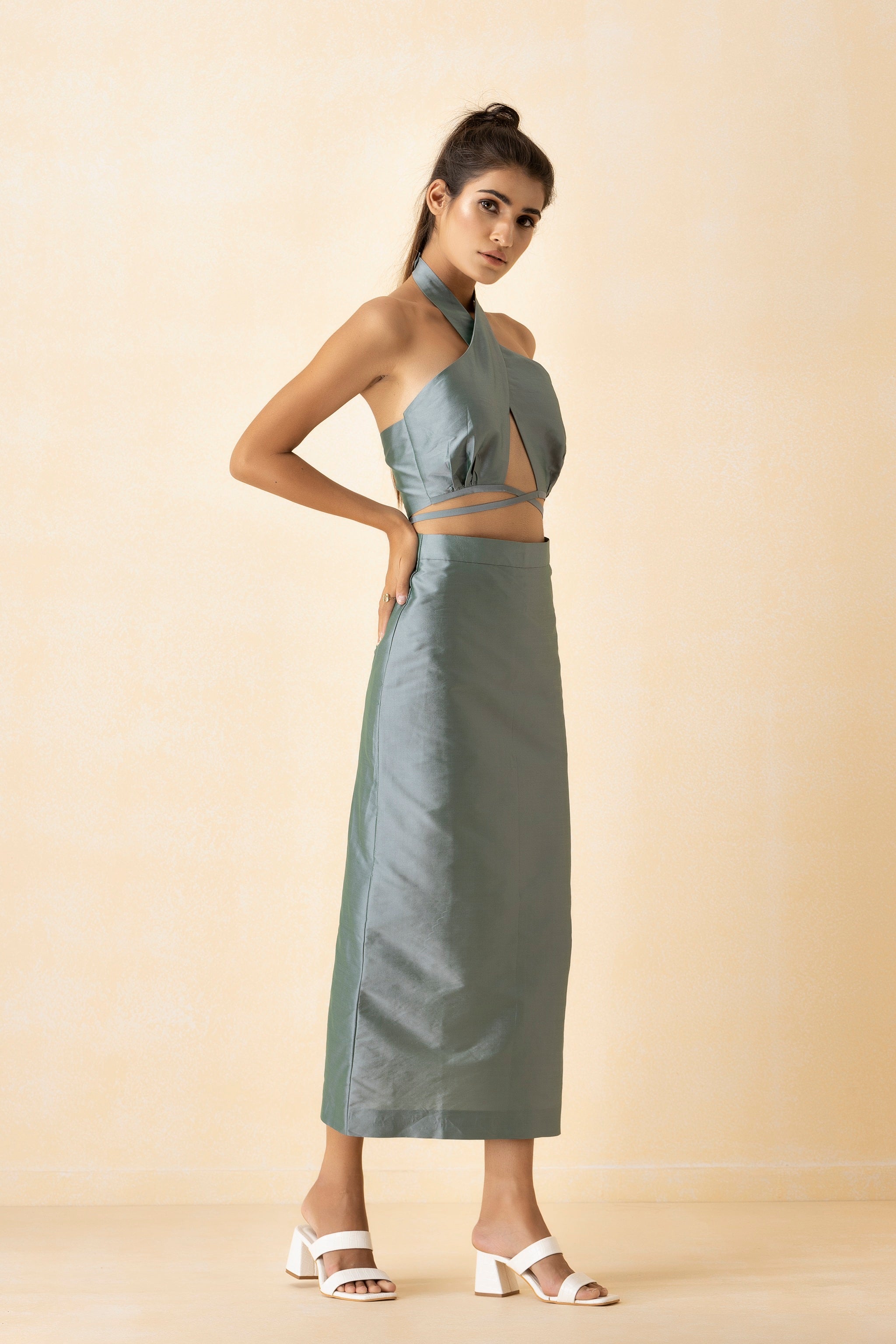 Ash Grey Halter Neck Crop Top And Skirt