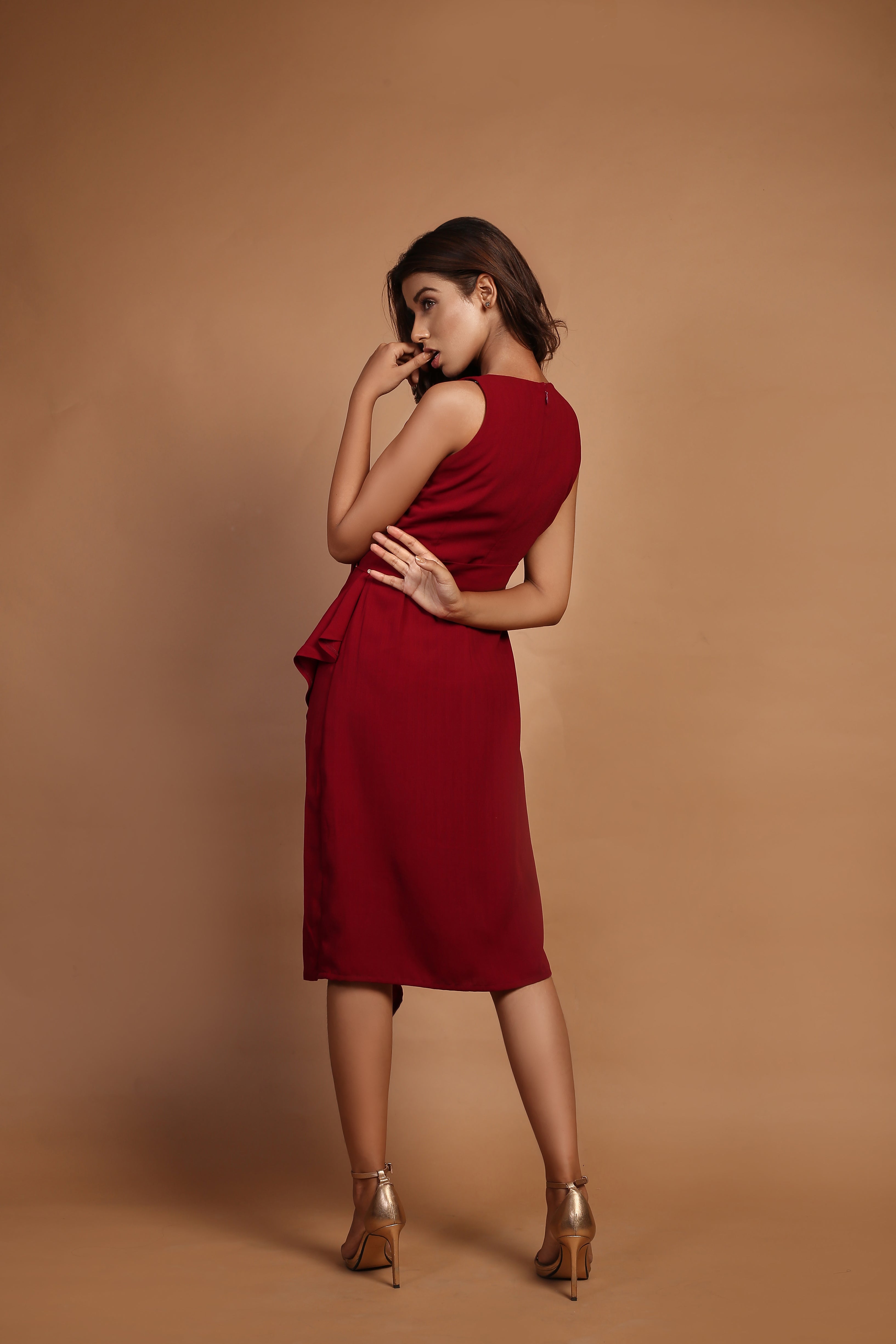 Red Sculptured Ruffle Midi Dress