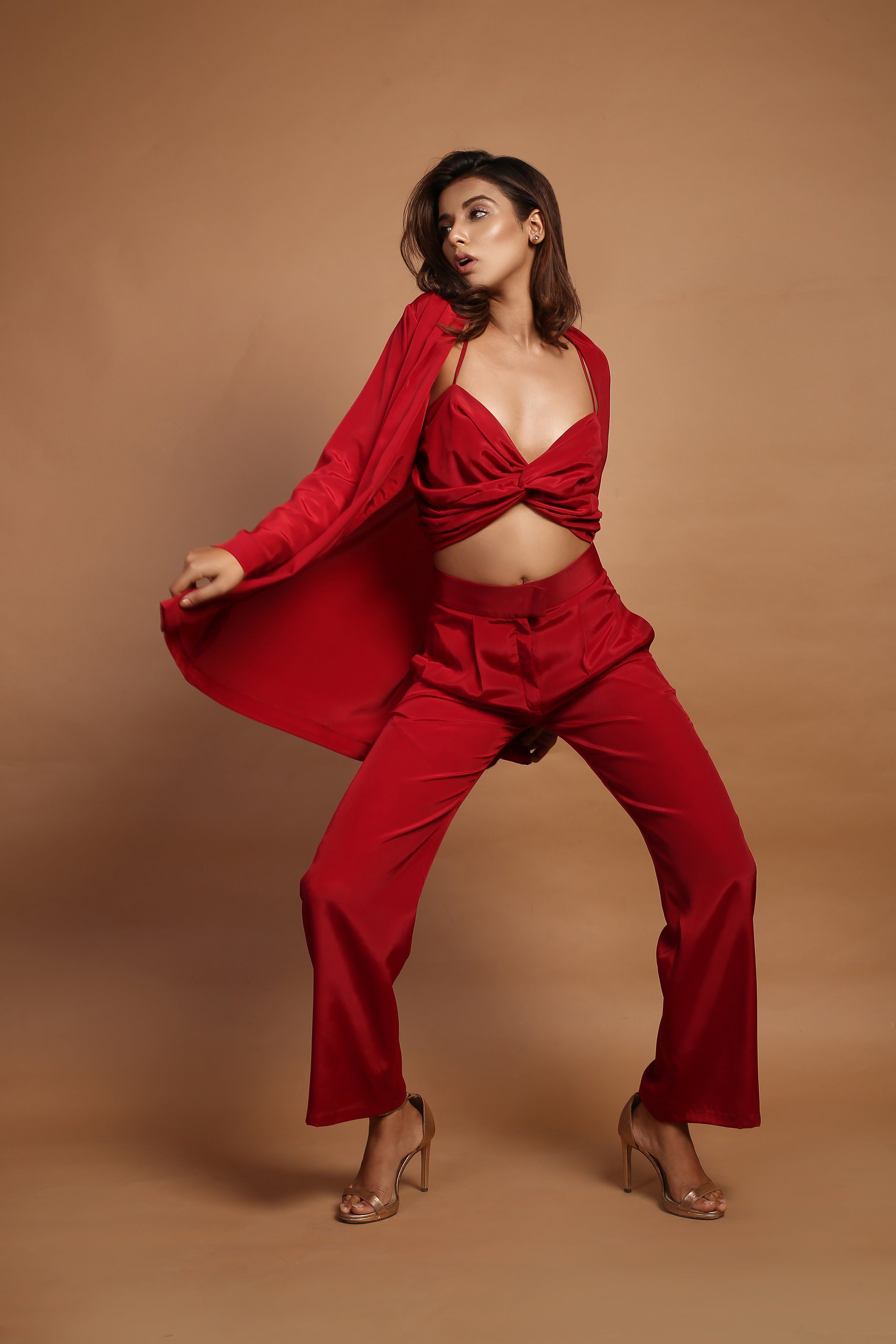 Crimson Red Shrug & Pants with Bustier